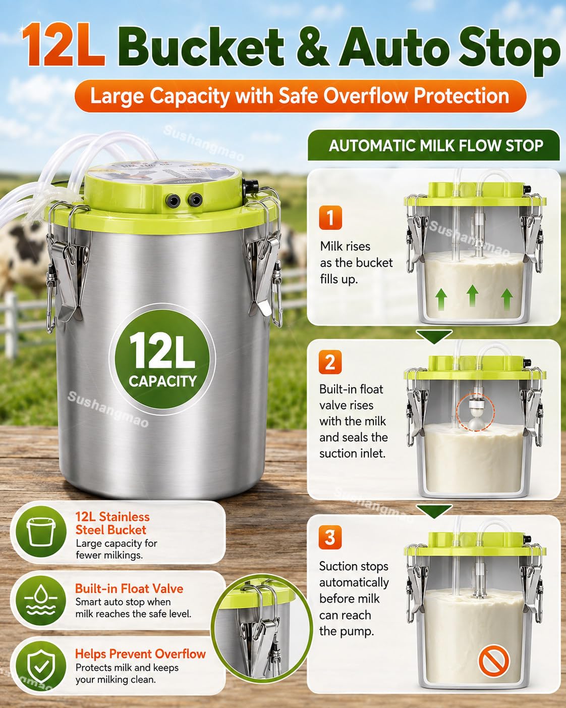 Mungitrice da 12 L per Bestiame, Mucche, Capre e Pecore Cattle | Mungitrice per Capre con Secchio Inox 12 L, Arresto Auto e Pulsazione Regolabile per Mucche, Capre e Pecore