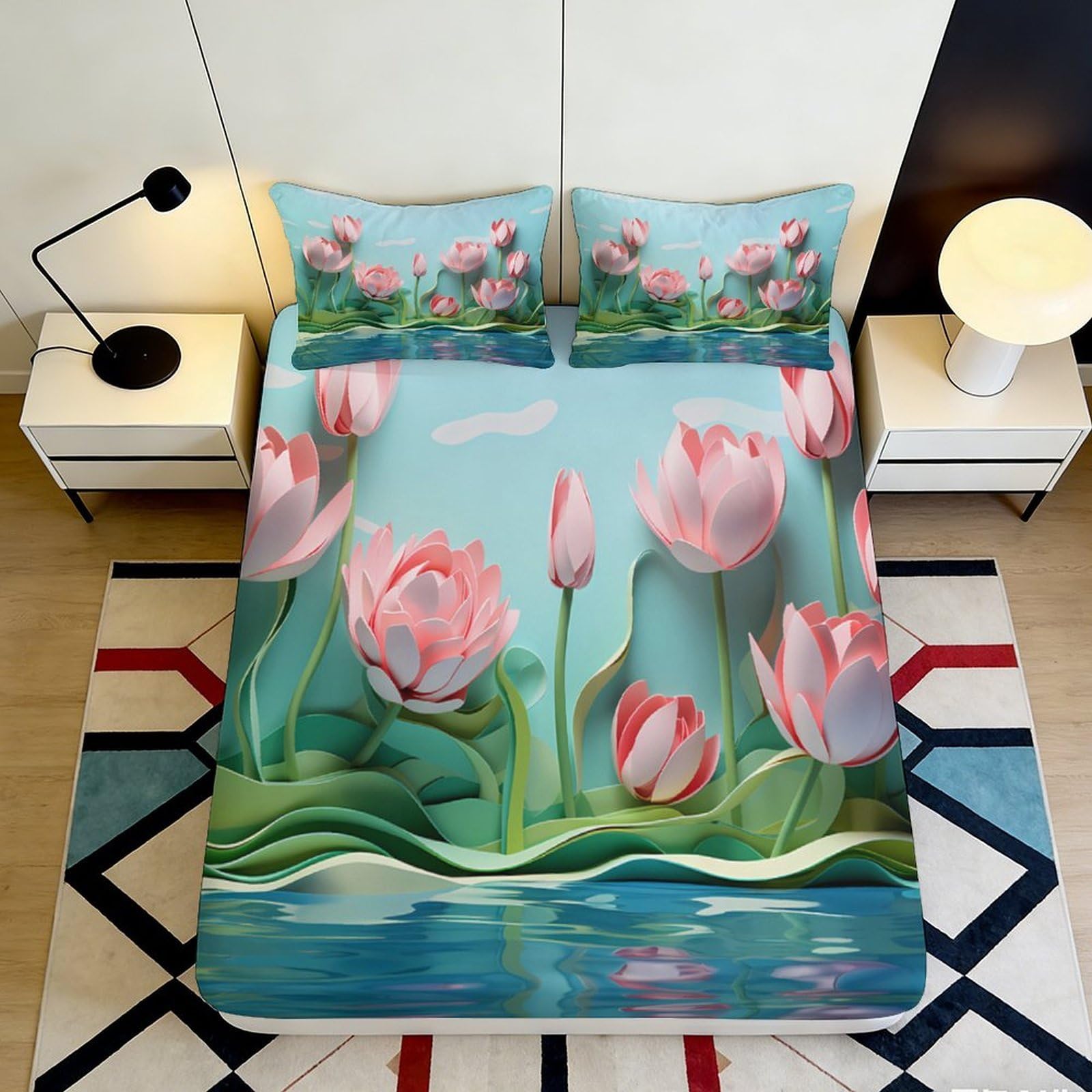 3D Printed Lotus Pond Fitted Sheet Microfiber Soft Pink Flower Bed Cover for Bedroom Dorm Mattress Protection Decor 180x200x25cm