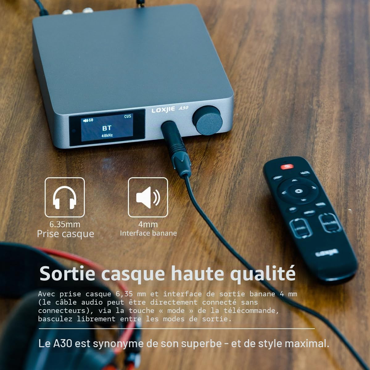 LOXJIE A30 Desktop Amplificateur de puissance audio stéréo HiFi - Amplificateur pour casque d'écoute,MA12070 Chip Class D Amp par Infineon,ES9023 DAC Chip,Entrée USB/Optique/Coaxiale/RCA/Bluetooth 5.0