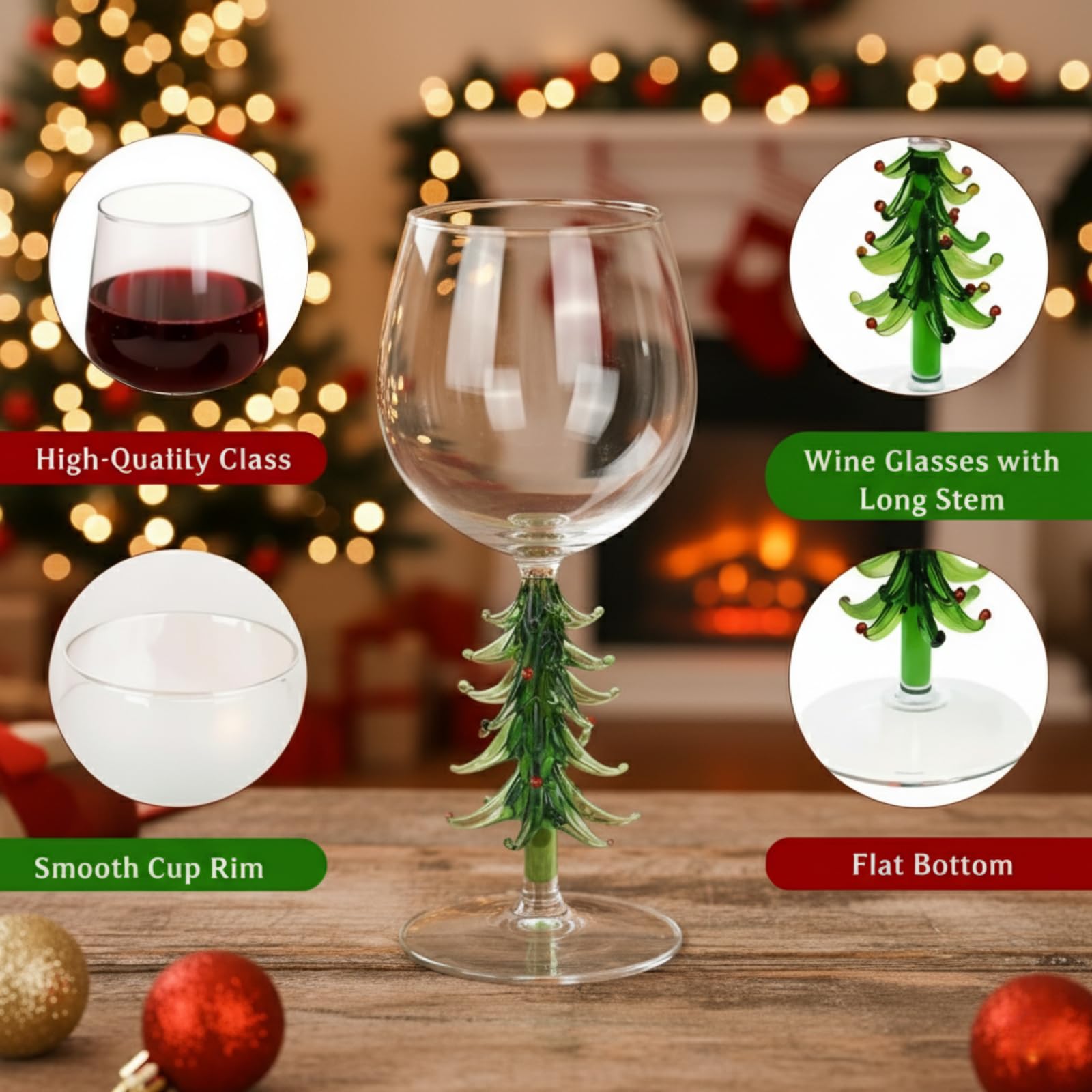Bicchiere da vino con albero di Natale, 300 ml, con sciarpa, decorazione in cristallo, per feste, feste, regalo per gli amanti del vino (verde e bianco)