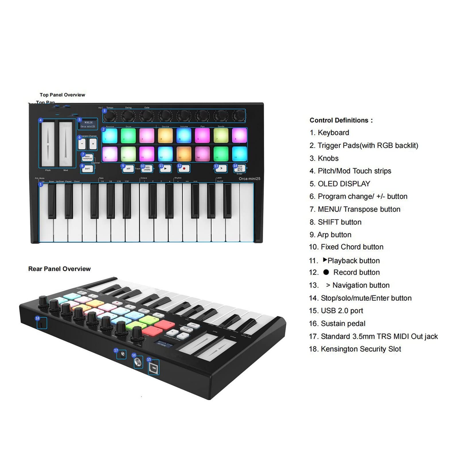 Clavier Piano Portable 25-clé USB MIDI Contrôleur De Clavier avec 16 RVB Pads De Déclenchement Rétro-éclairé 8 Boutons De Commande Assignables