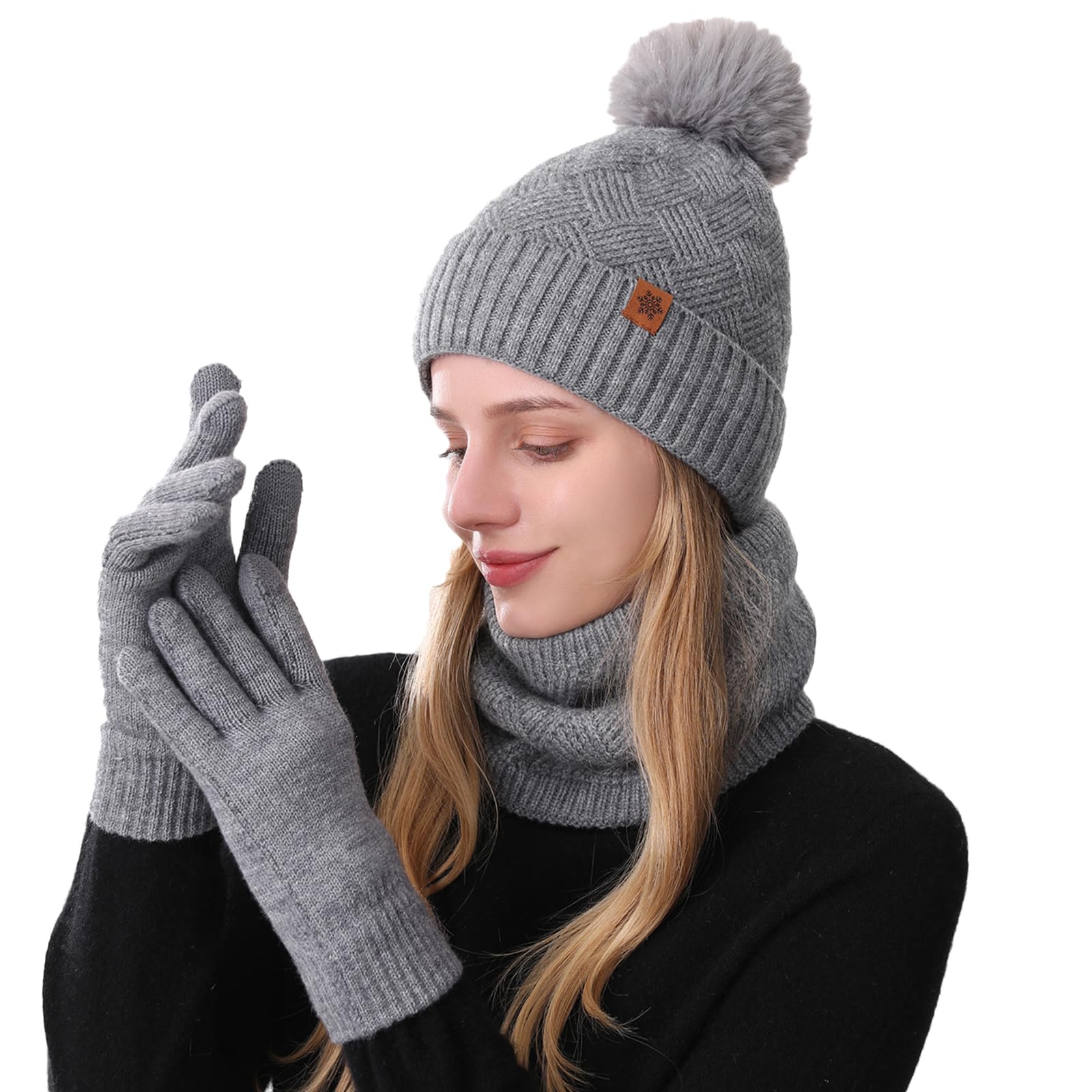 MAZELIKEHOOD Set Sciarpa Guanti Cappello Donna Inverno Caldo Cappello di Bobble con Sciarpa a Maglia e Guanti Tessuto Morbido e Comodo Accessori Moda Invernale Ideale per Regalo di Natale