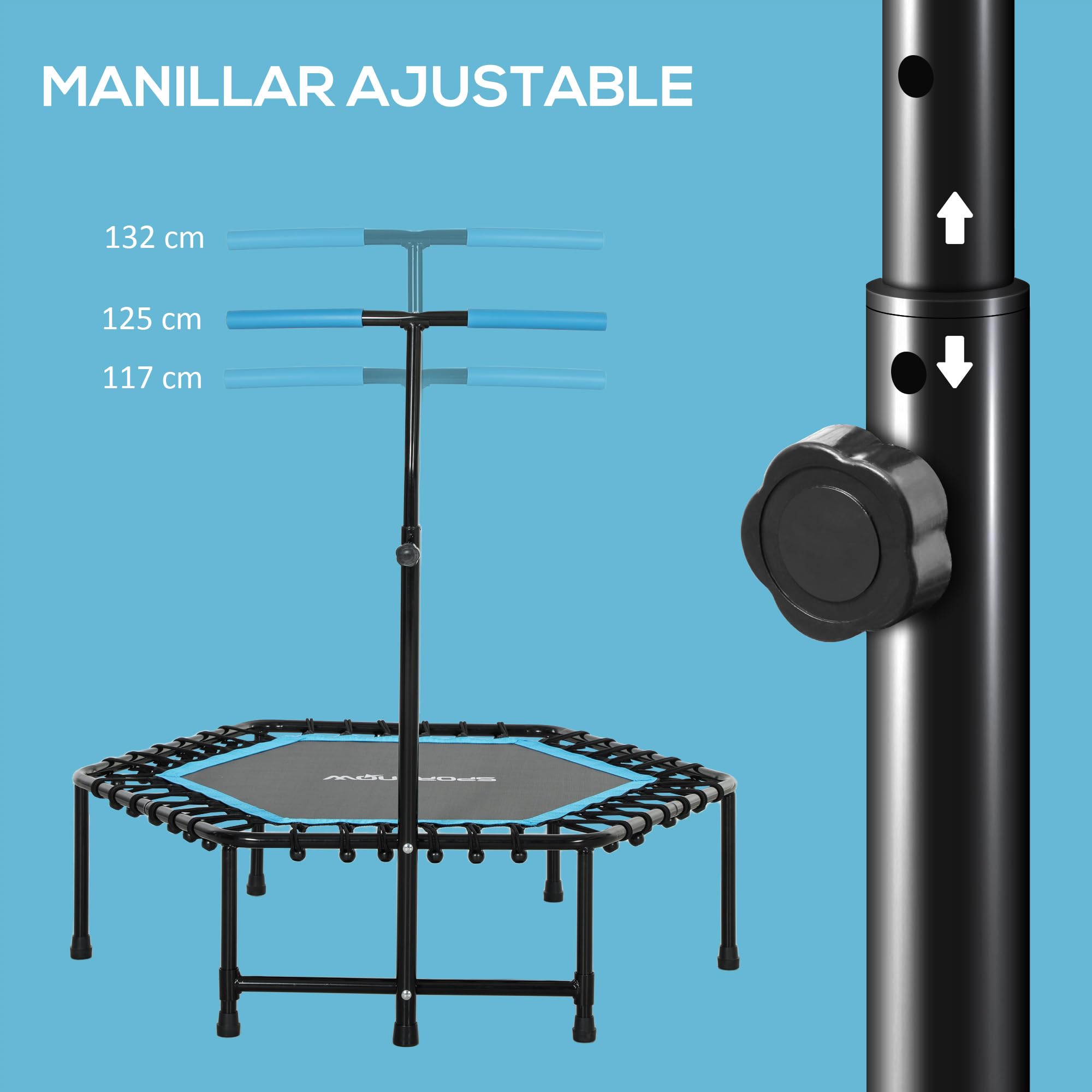 SPORTNOW Trampolín de Fitness 114x114x132 cm Cama Elástica Fitness con Mango Ajustable de 3 Niveles Marco de Acero para Entrenamiento Piernas Cuerpo en Hogar Oficina Gimnasio