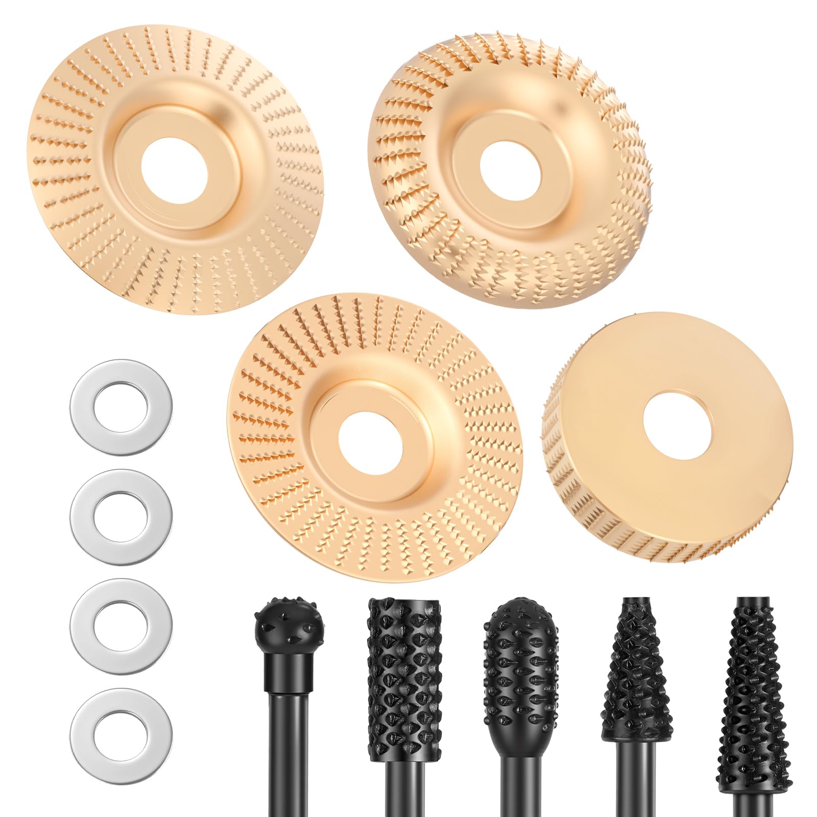 13PCS Angle Grinder Attachments Set, Carbon Steel Wood Carving Disc Kit for 4" or 4 1/2" Angle Grinder with 7/8" Arbor, Includes Rotary Burr Rasp Set,