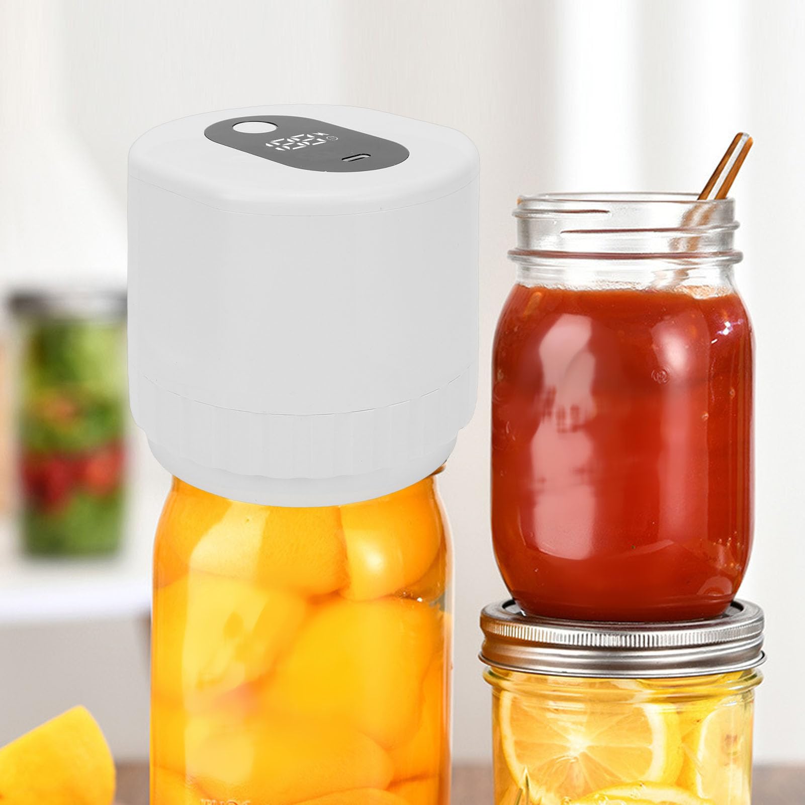 Fockety Kit de Scellage Sous Vide électrique pour Bocaux Mason, 5 Couvercles de Bocaux à Large Bouche, 5 Couvercles de à Bouche Régulière, Portable sans Fil, 1200 MAh, Chargeur (WHITE)