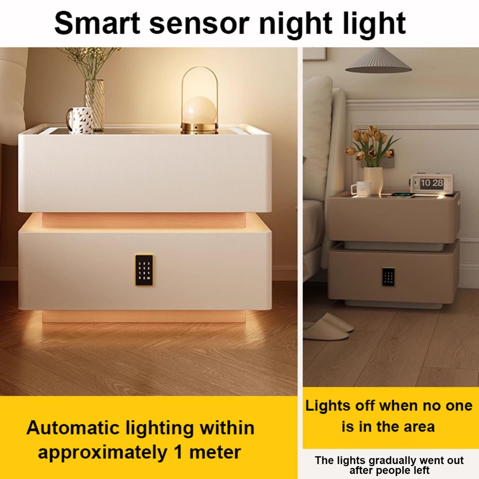 Stolik nocny z bezprzewodowym ładowaniem USB, lampa dotykowa, głośnik Bluetooth, blokada hasła, konstrukcja z litego drewna, konstrukcja zapobiegająca przewróceniu się do sypialni