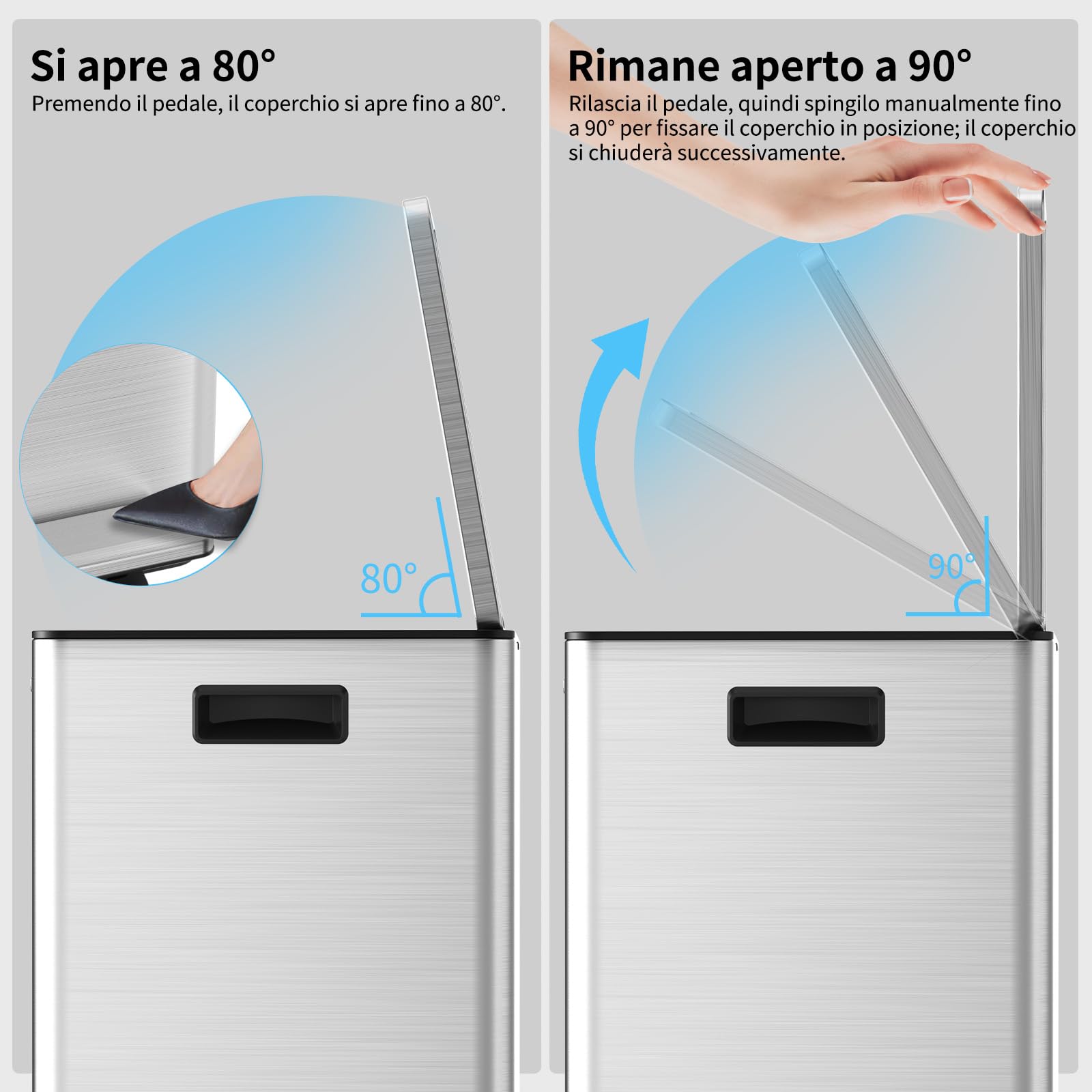 mVm Pattumiera Cucina, Pattumiera Differenziata 3 Scomparti, 3 x 15L, 3 Scomparti per Riciclaggio, in Acciaio Inossidabile, Secchi Interni Rimovibili, per Cucina, Ufficio, Argento