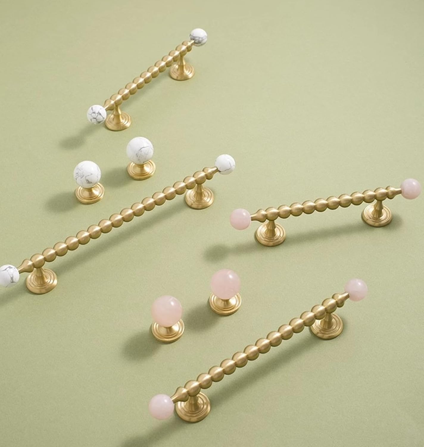 LBFEEL 6.3" Unique Cabinet Pulls Brushed Brass Cabinet Handles Solid Brass Kitchen Drawer Pulls Balls Dresser Handles Deco (1, Pink + Brushed Brass, 6.3" Hole Centers)