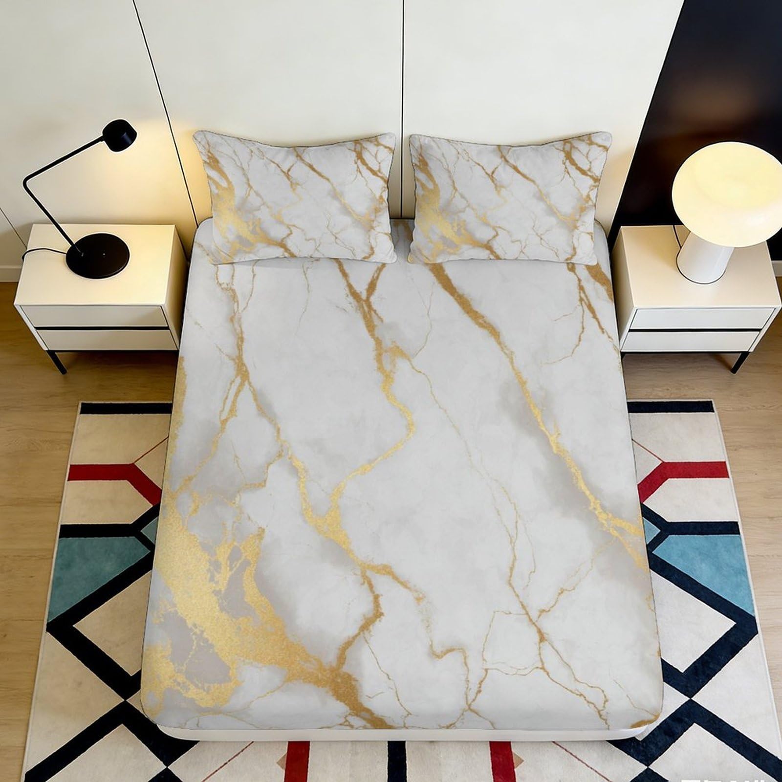 3D Printed Marble Gold Vein Fitted Sheet Microfiber Soft Breathable Abstract Bed Cover for Bedroom Guest Room Mattress Protection Decor 160x200x25cm
