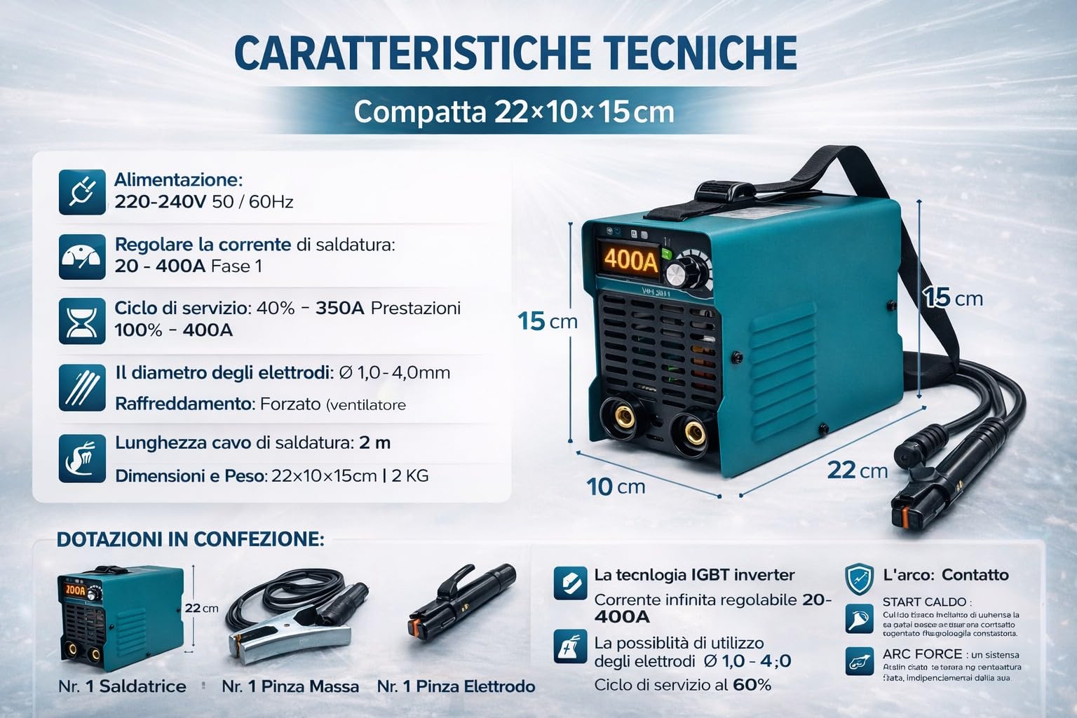 Mini Saldatrice inverter ad Elettrodo per Fabbro da 400 Ampere Super Compatta professionale con cavi e maschera display LCD digitale saldatrice elettrica portatile leggera