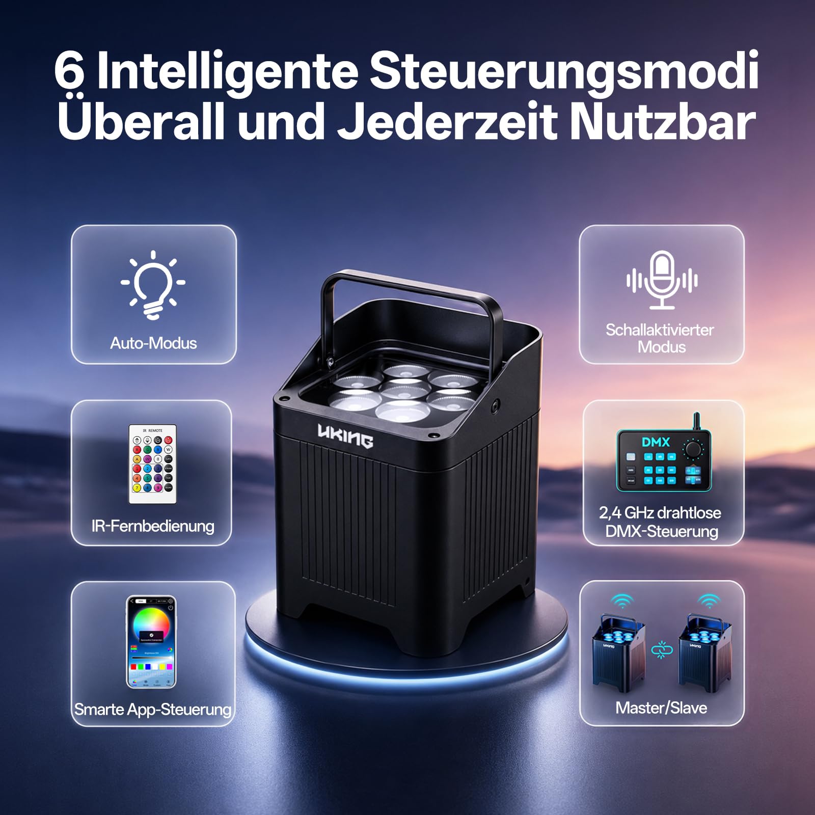 U`King Akumulator LED RGBWA+UV, 140 W IP65 Wodoodporna lampa sceniczna z akumulatorem 8800 mAh, obsługuje D MX Bezprzewodowy 2.4G Pilot na podczerwień Aplikacja na wesele, imprezy plenerowe