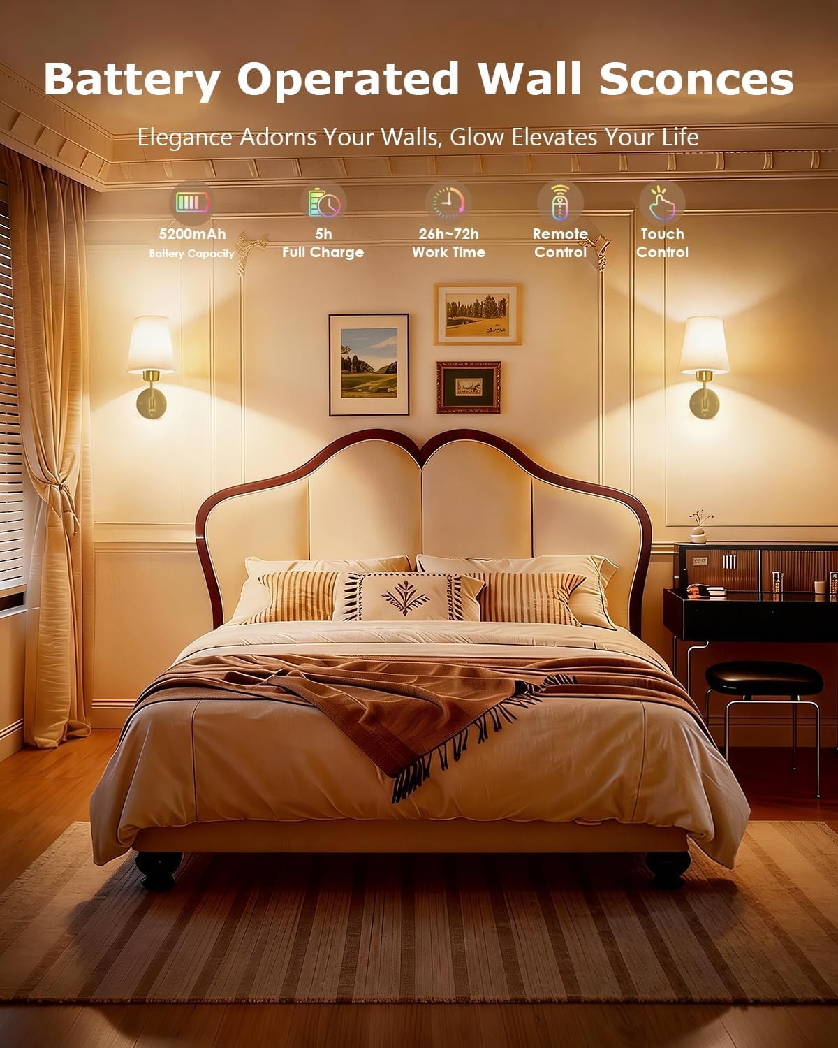 Battery Operated Wall Sconce Set of Two, Wireless Rechargeable Wall Lights with 5200mAh Dimmable Bulbs and Remote,12 RGB Colors Wall Lamp for Bedroom Living Room Hallway