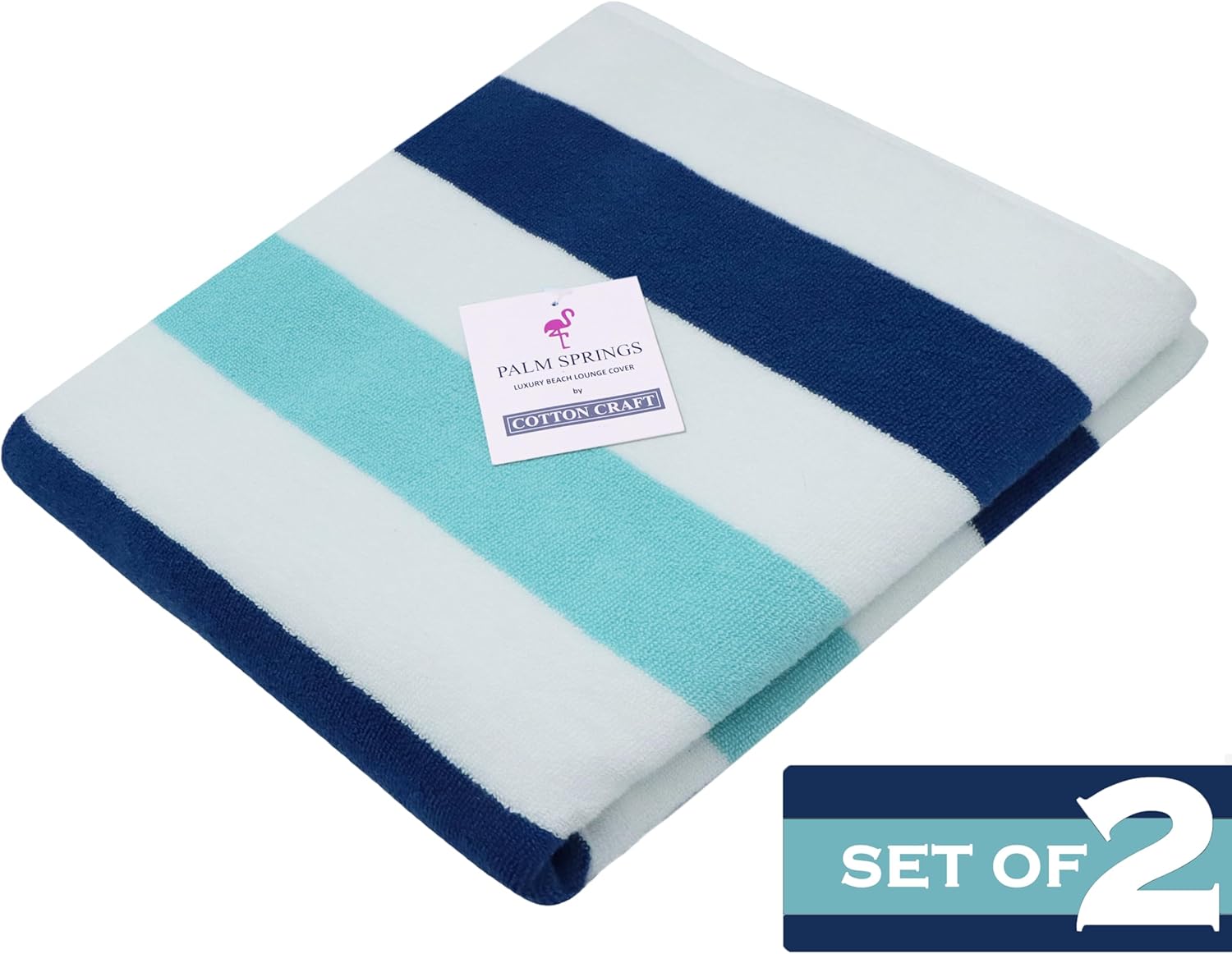 COTTON CRAFT Pool Lounge Chair Cover - 2 Pack Cabana Stripe Chaise Lounge Chair Cover - Soft 100% Cotton Dobby Terry Towel Beach Chair Cover - Oversized 32 W x 82 Length x 7 inch Pocket – Ocean Blue