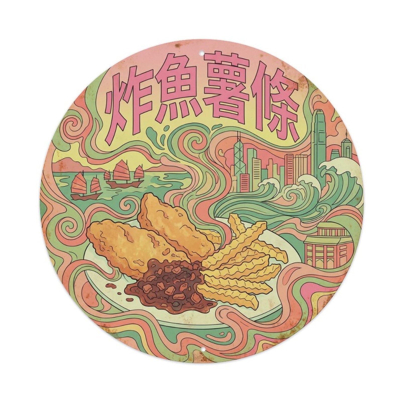 Hong Kong Street Food Chippy Seafood Basket Psychedelic Metal Tin Sign
