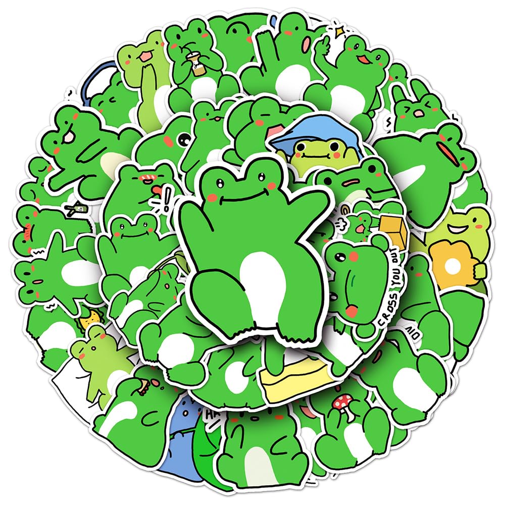 Cute Frog Vinyl Stickers, 50 PCS Waterproof Illustrated Animal Decals for Laptops Scrapbooking, Journals, Notebooks