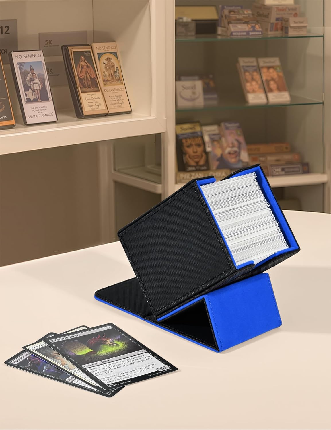 Card Deck Box for Trading Cards, MTG Deck Case Holds 100+ Single Sleeved Cards, PU Leather Magnetic Card Storage Box Fits for TCG CCG Magic Game Cards（Black&Blue）