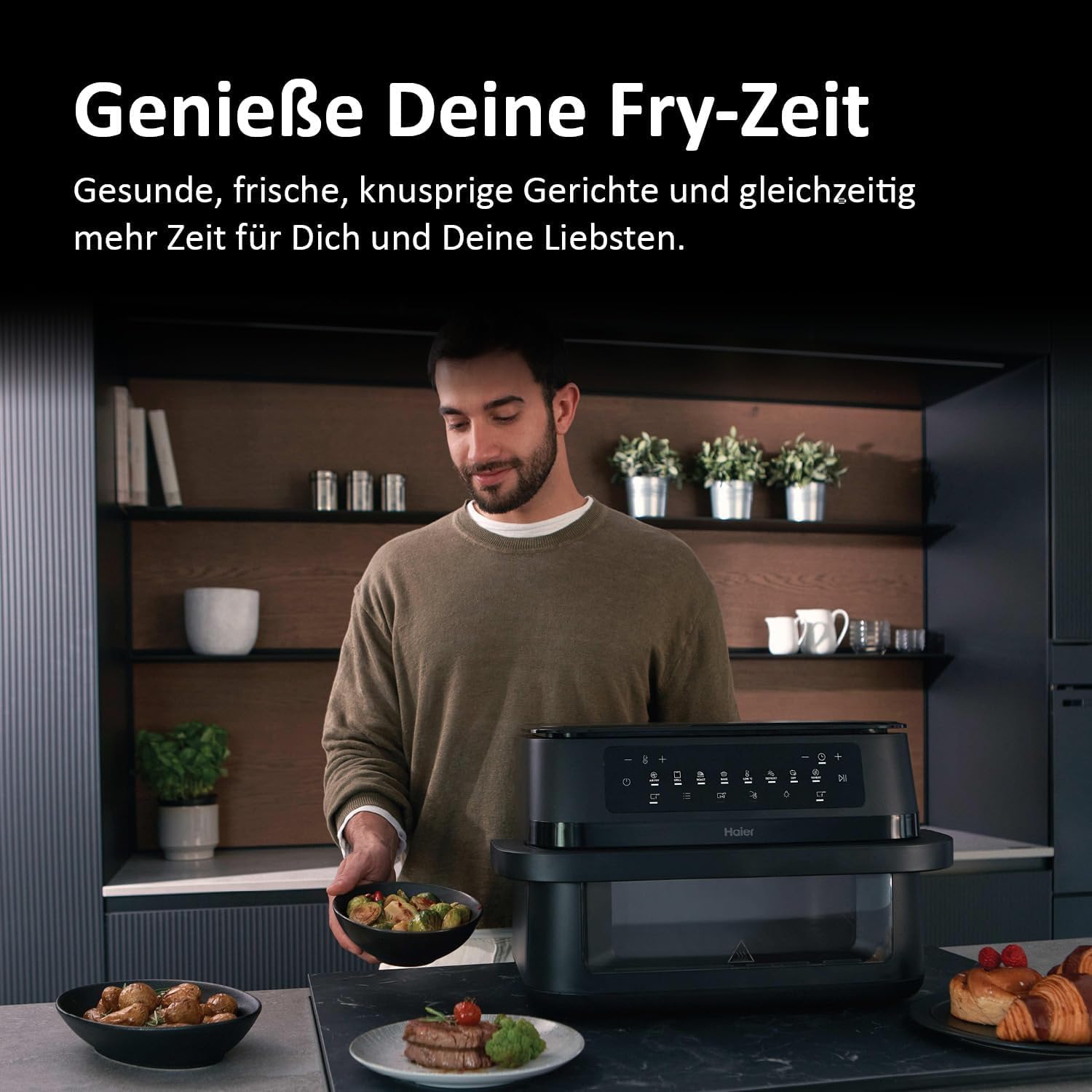 Haier Heißluftfritteuse Flex | 11 L Airfryer Dual mit herausnehmbarer Trennwand & Sichtfenster für 9 Portionen | 8 Funktionen | spülmaschinenfest