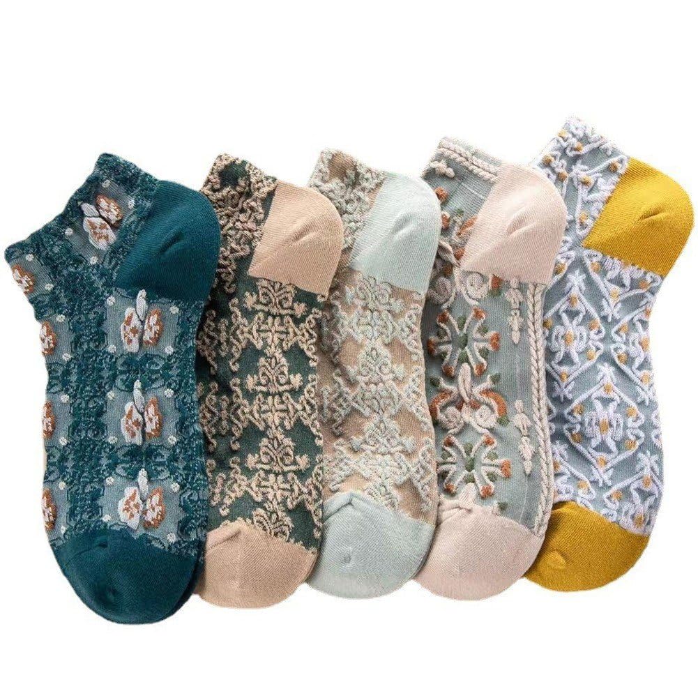Baokuan Women's As Shown 5 Pairs Floral Socks, Cute Vintage Embroidered Frilly Socks, Kawaii Girly Casual Cotton Crew Ruffle Ankle Cottagecore Socks