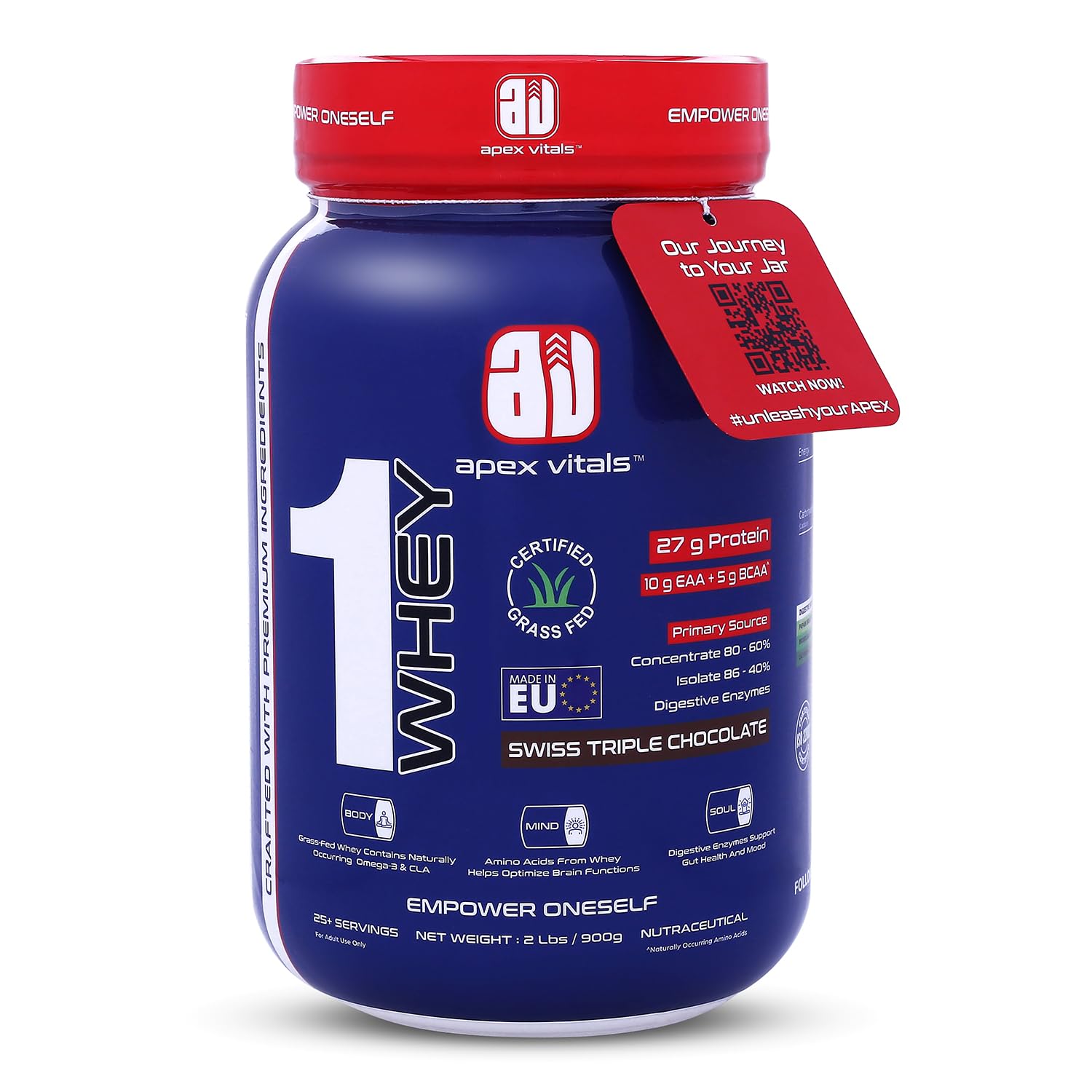 1 Whey Protein Powder | Whey Protein Concentrate Blend | Grass-Fed Whey | 27g Protein/Scoop | 10g EAA+5G BCAA | Digestive Enzymes | FDA & FSSAI Certified | Swiss Triple Chocolate | 2lbs