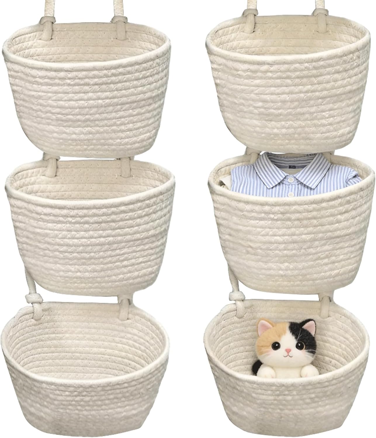 2 Pcs 3-Tier Hanging Basket, Woven Cotton Wall Mounted Storage Organizer, Boho Basket for Home, Over The Door Organizer for Closet, Bathroom, Bedroom