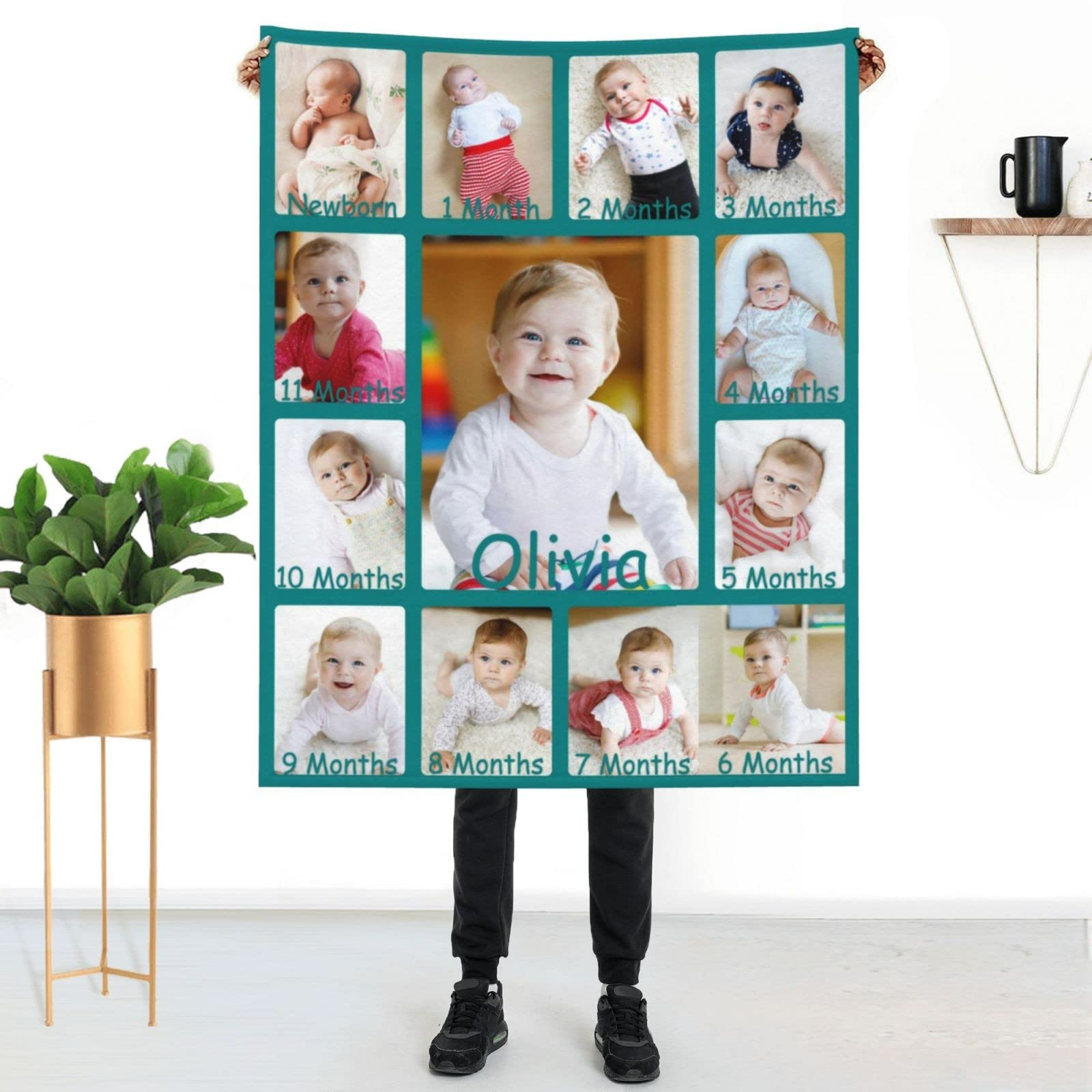 Personalized Baby First Year Blanket Customized with Newborn Growth Photo Name Custom Soft Flannel Blankets Throws Picture Gifts for Infant New Parents