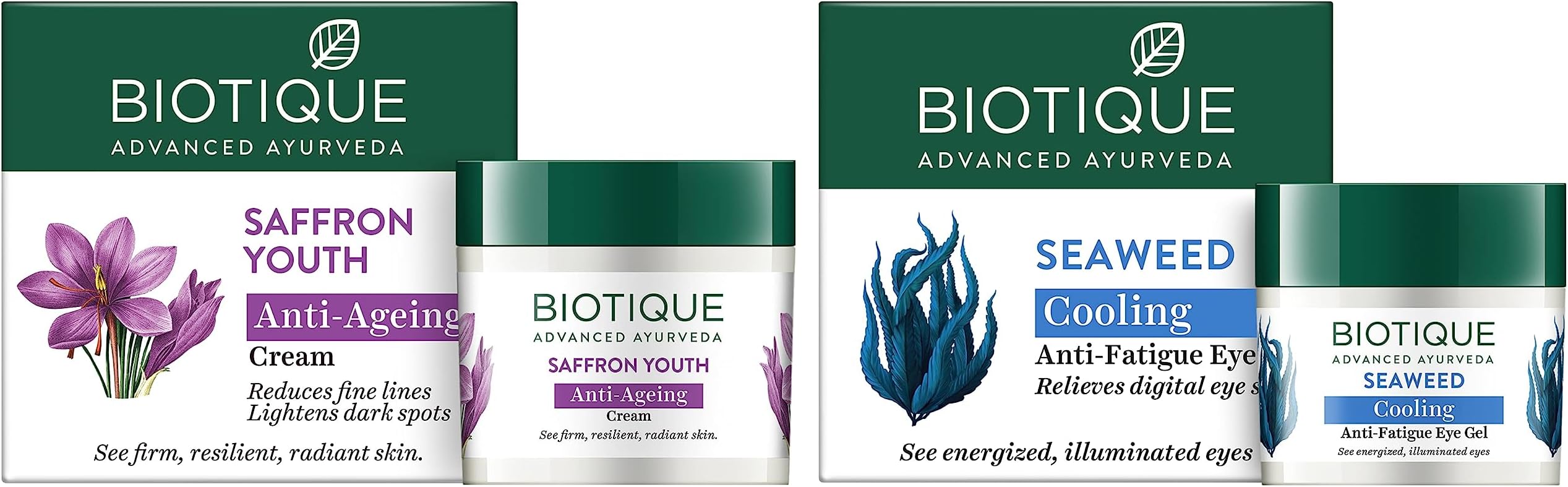 Bio Seaweed Revitalizing Anti Fatigue Eye Gel, 15g And Biotique Bio Saffron Dew Youthful Nourishing Day Cream For All Skin Types, 50G