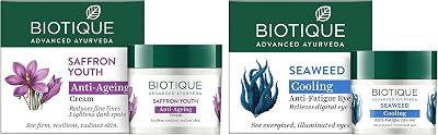 Bio Seaweed Revitalizing Anti Fatigue Eye Gel, 15g And Biotique Bio Saffron Dew Youthful Nourishing Day Cream For All Skin Types, 50G