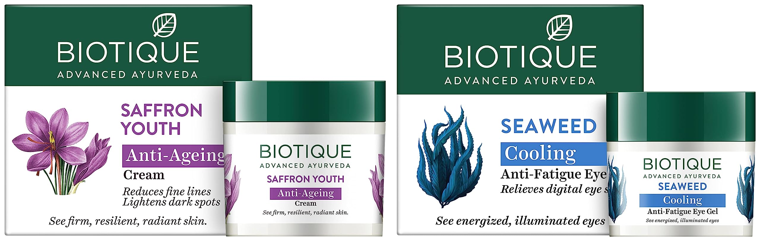 Biotique Bio Seaweed Revitalizing Anti Fatigue Eye Gel, 15g And Biotique Bio Saffron Dew Youthful Nourishing Day Cream For All Skin Types, 50G