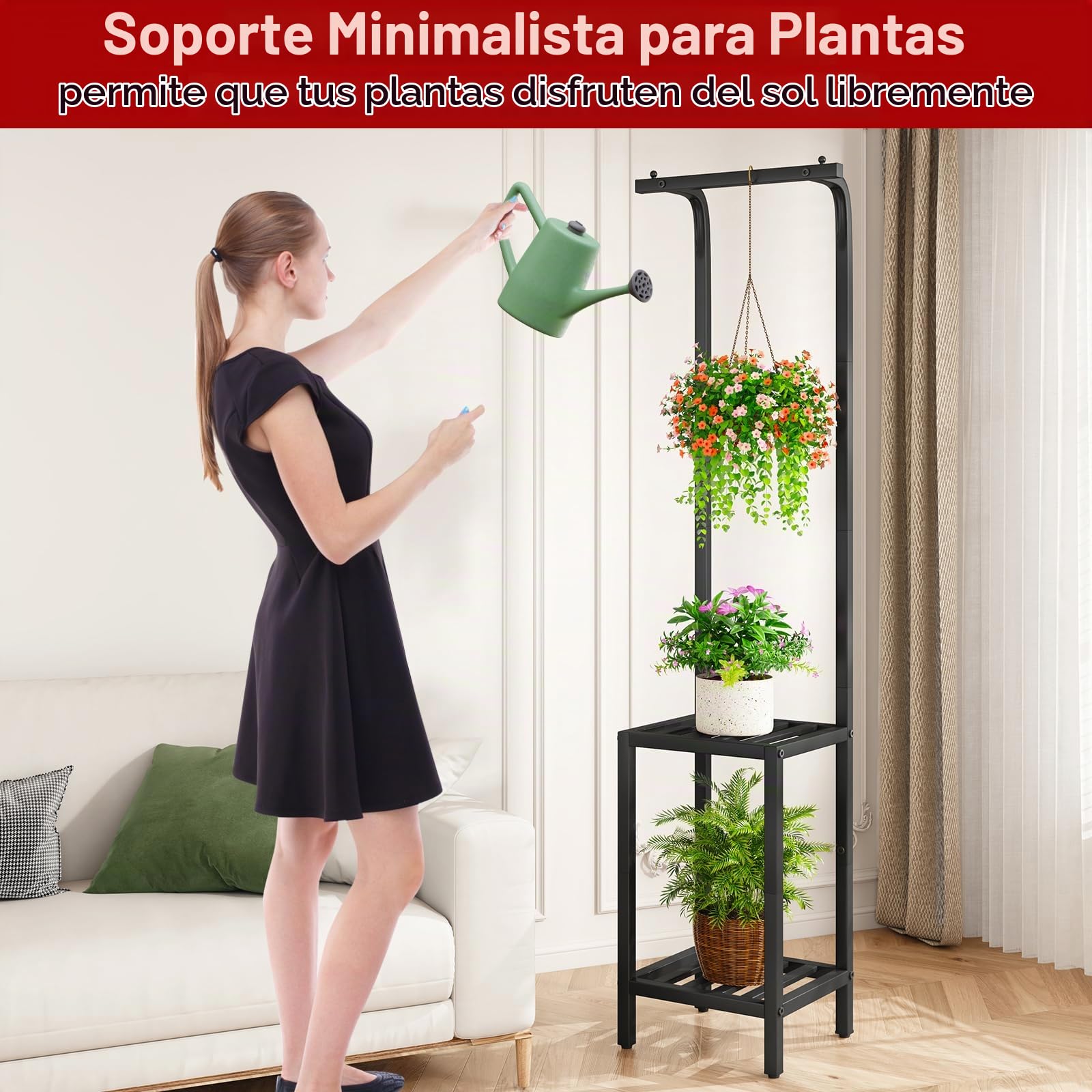IBUYKE 170cm de Alto Soporte para Plantas para Interior, 3 Niveles de Metal Colgante Estante para Flores, Estantería para Plantas Soporte para Flores para Salón Balcón Jardín, Negro TMJ076B