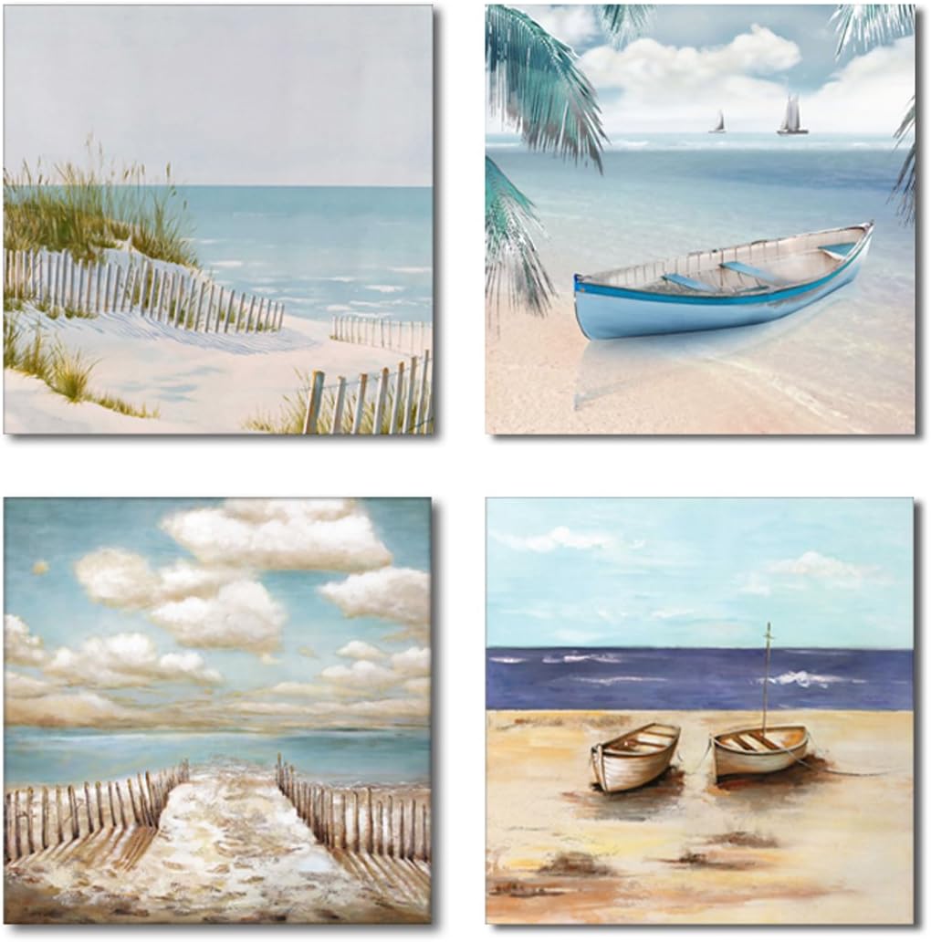 Yang Hong Yu - 4 Panels Canvas Prints Wall Art - Beach Seaside Boat and Sailing on Sea - Warm Color Painting Style Giclee Prints for Home Decoration 12x12inch