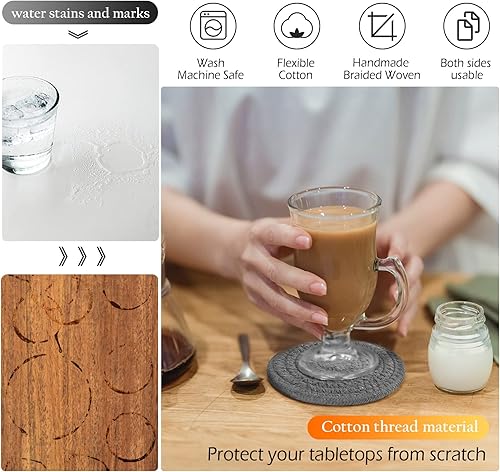 Miniatura 4 de Juego de 6 posavasos de bar para bebidas, hecho a mano, trenzados, tejidos, para bebidas, posavasos antideslizantes de 4.3 pulgadas, color gris