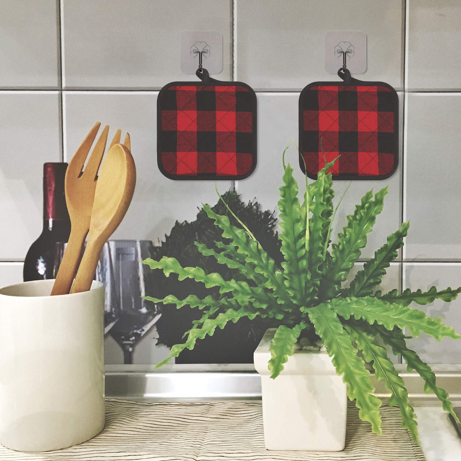 Whaline 6 Stück Buffalo Plaid Hot Pot Holders Cotton Hot Pad with Pocket Reusable Heat Resistant Oven Mint for Kitchen Cooking and Baking (Red Black)
