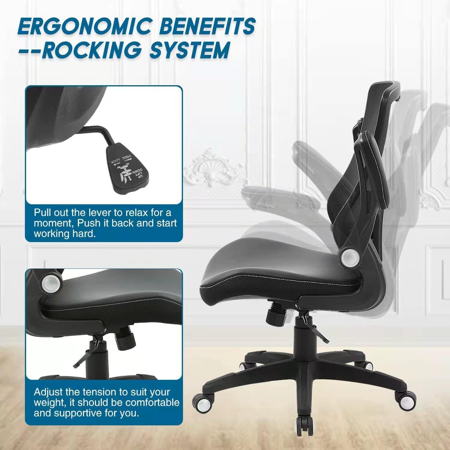 Luckyear Sedia Ufficio Ergonomica Poltrona Scrivania con Supporto Lombare, Braccioli Ribaltabili, Altezza Regolabile, Schienale Inclinabile (90°-108°) Nero