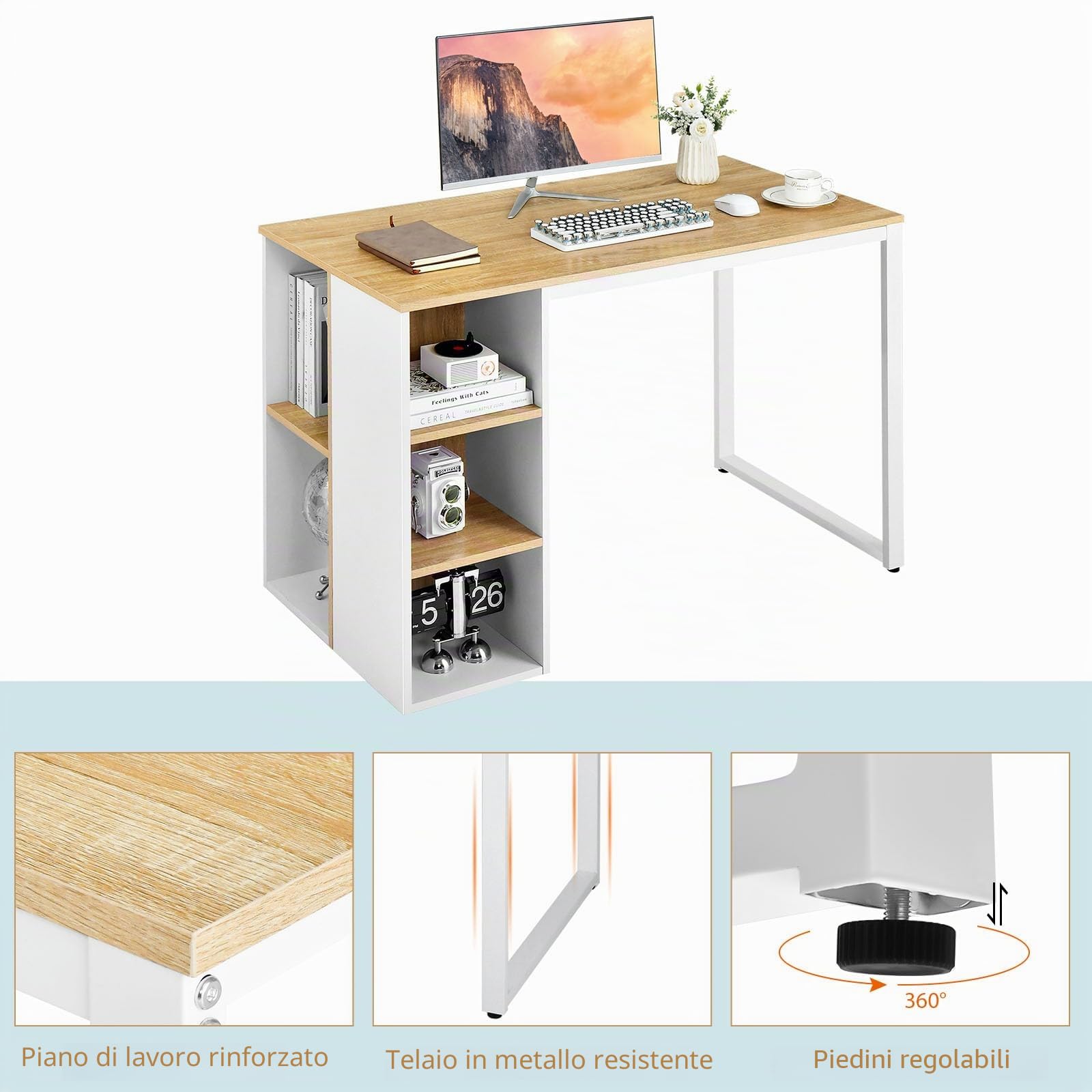 LIFEZEAL Scrivania Salvaspazio, Bianco, Scrivania Ufficio Porta Computer, PC, con 5 Scomparti Aperti, Postazione di Studio, Tavolo di Lavoro, Desk, in Legno, Metallo, Max 115kg, 115x59,5x75cm
