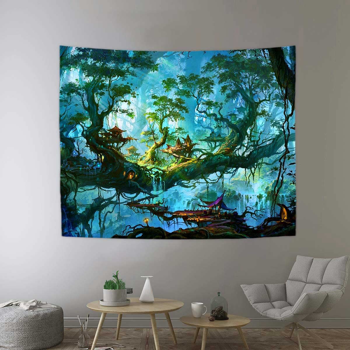 Photo 1 of **STOCK PHOTO REFERENC EONLY** DBLLF Fantasy Fairy Forest Tapestry Elven Kingdom Elf Tree House Wonderland Backdrop Tapestries Fairy Tale World Wall Tapestry Nature Magic Tree Tapestry, Kids Cartoon Decor (60X51) GTZYDB146 51.00" x 60.00"