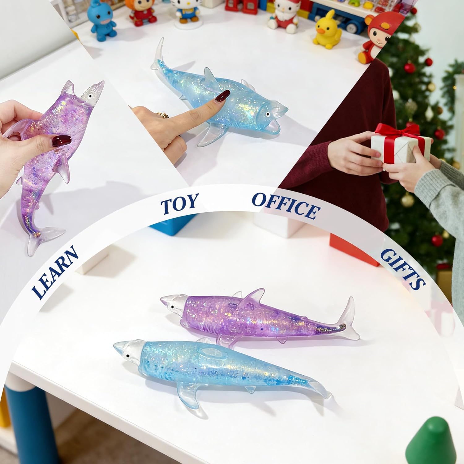 Glitter Shark Stress Balls - Squishy Squeeze Fidgets & Desk Accessories for Adults & Teens - Sensory Sugar Ball Texture for Office, Party Favors, and Novelty Gifts (Blue and Purper)