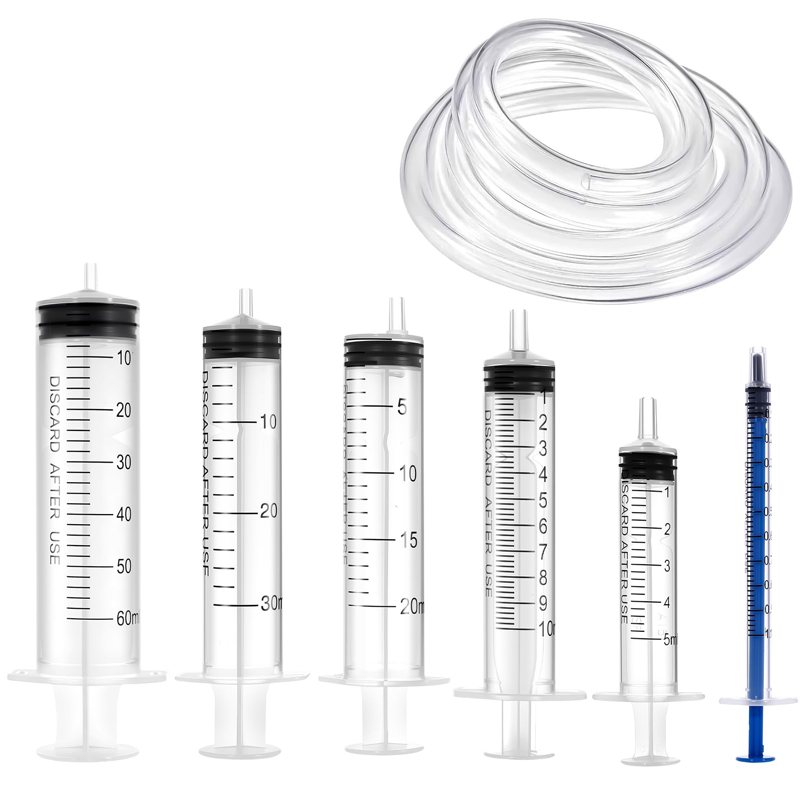 Zestaw 6 Strzykawek Wielokrotnego Użytku, 1 ml, 5 ml, 10 ml, 20 ml, 30 ml, 60 ml z Wężem, Do Laboratoriów, Karmienia Zwierząt i Nawadniania Roślin