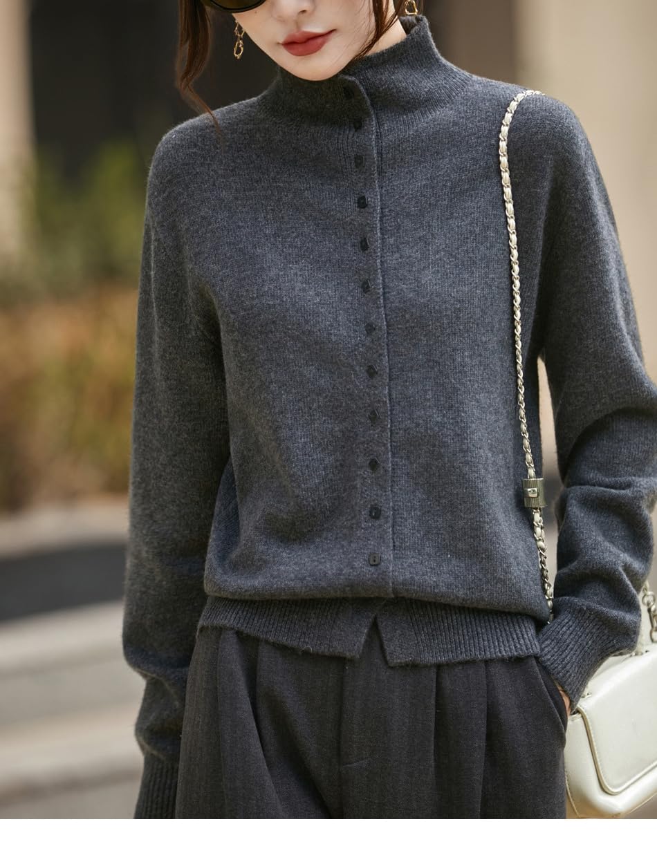 Cárdigan de Punto Manga Larga con Cuello Alto Y Botonadura Sencilla, Color Liso, Corte Ajustado, Suéter de Punto Suave, Chaqueta Elegante Y Ligera para La Oficina Y Uso Diario Informal.