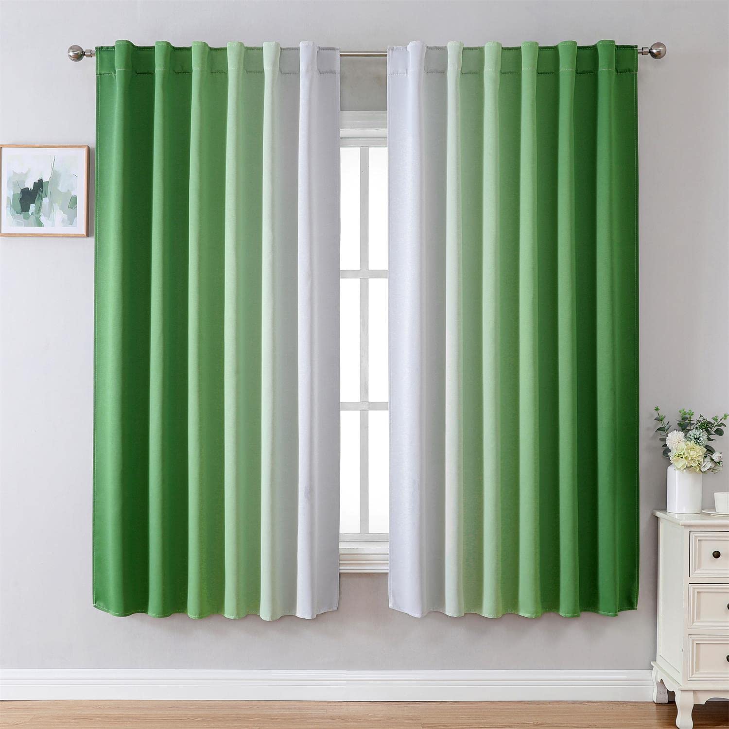 MIUCO Blackout Curtains &amp; Drapes for Bedroom Living Room 63 Inch Length Green and White Room Darkening Ombre Curtains Rod Pocket &amp; Back Tab Curtains Thermal Insulated Light Blocking 2 Panels Set