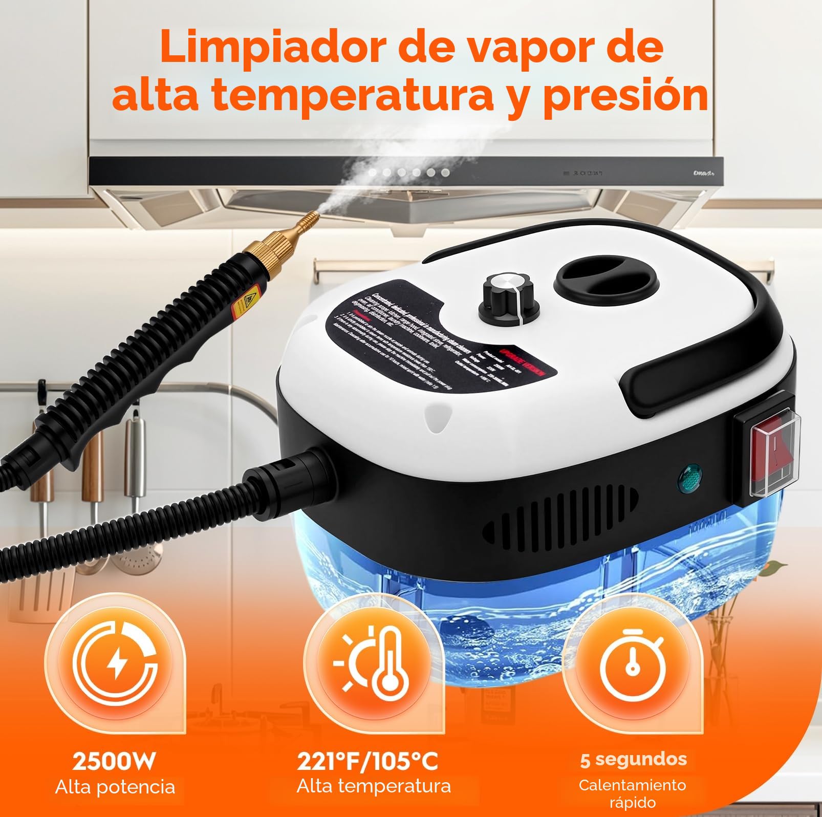Limpiador a Vapor Portátil, Vaporeta de Mano 2500W, Vaporeta Limpieza Hogar, 6 Velocidades, para Limpiar Tapicería, Baño, Azulejos, Limpieza de Coches