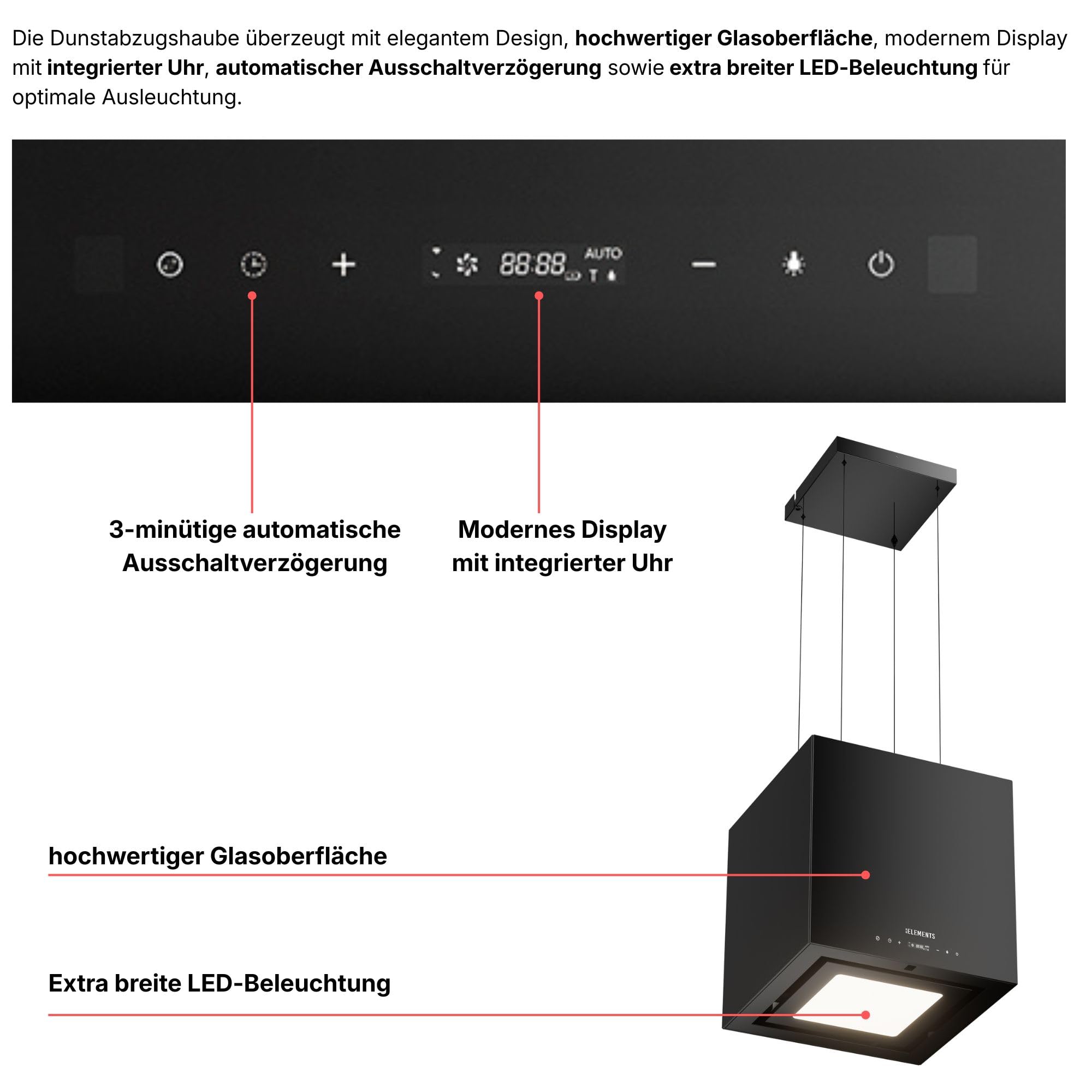 Inselhaube, dunstabzugshaube insel freihängend, Dunstabzugshaube mit 1000m³/h starke Saugleistung, Brushless-Motor, mit Fernbedienung, Touch-Gestensteuerung
