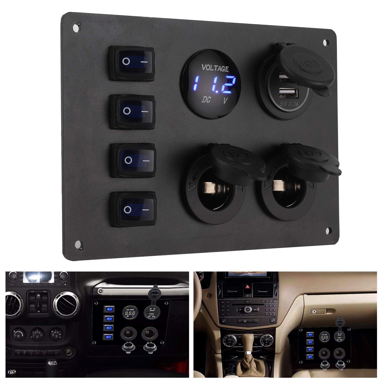 aqxreight - Pannello Interruttori a Bilanciere, Presa 12V Display Tensione Doppia Porta USB Pannello Interruttori a Bilanciere Impermeabile 4 Gang per