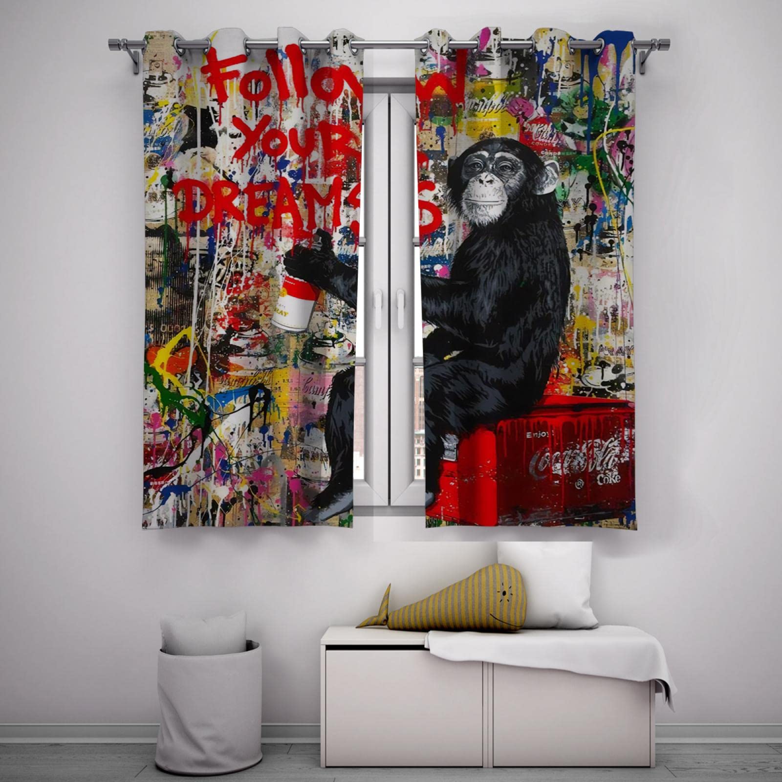 HengYun ART Banksy Street Graffiti Curtains for Teen Boys Bedroom Follow Your Dreams Monkey 2 Panels Window Treatment Living Room Decor 2xW106xL137cm