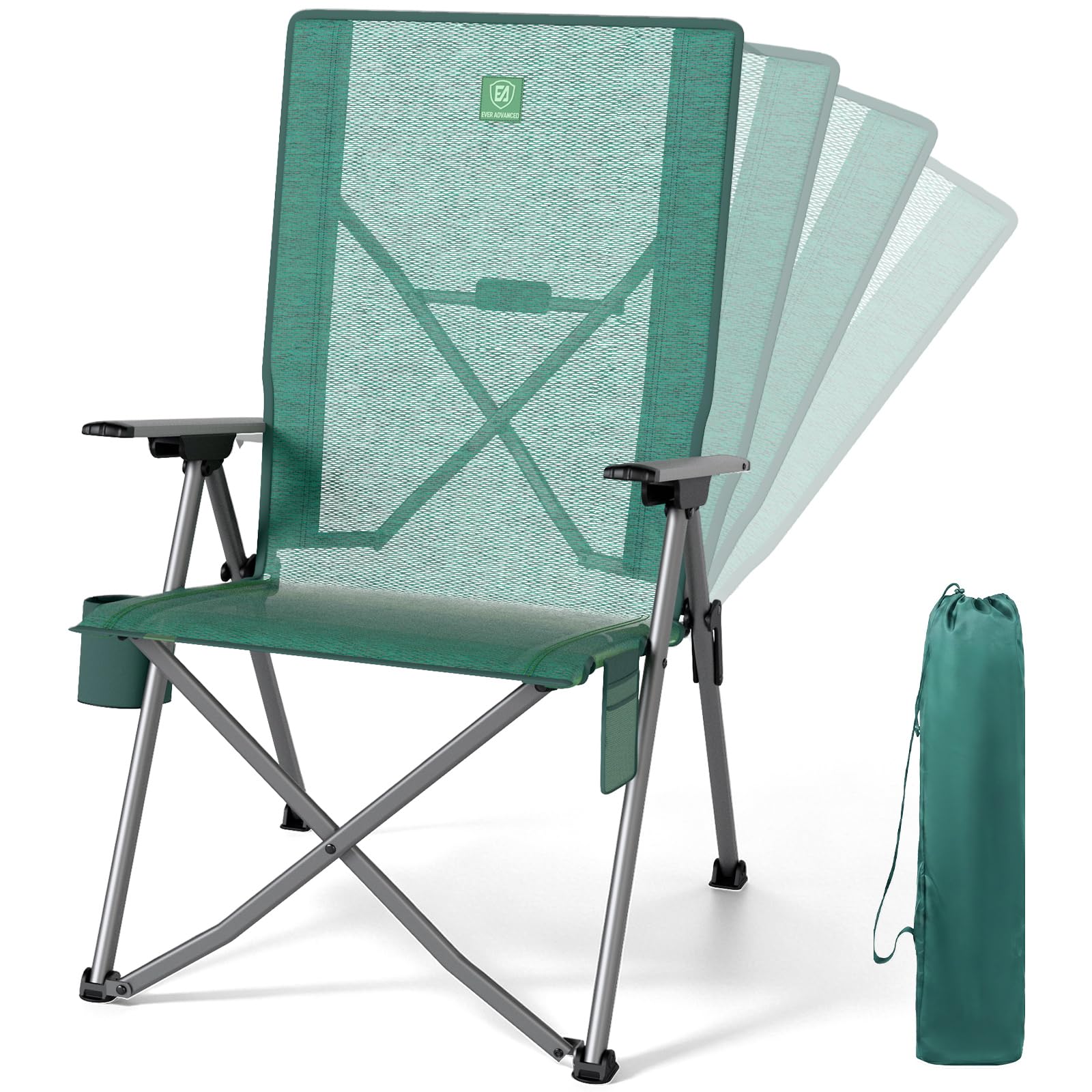 EVER ADVANCED Stretch Mesh Reclining Camping Chair for Adults, Folding Chair Heavy Duty with 4-Position Adjustable High Backrest, Portable Chair Supports 160KG with Cup Holder & Side Pocket, Green