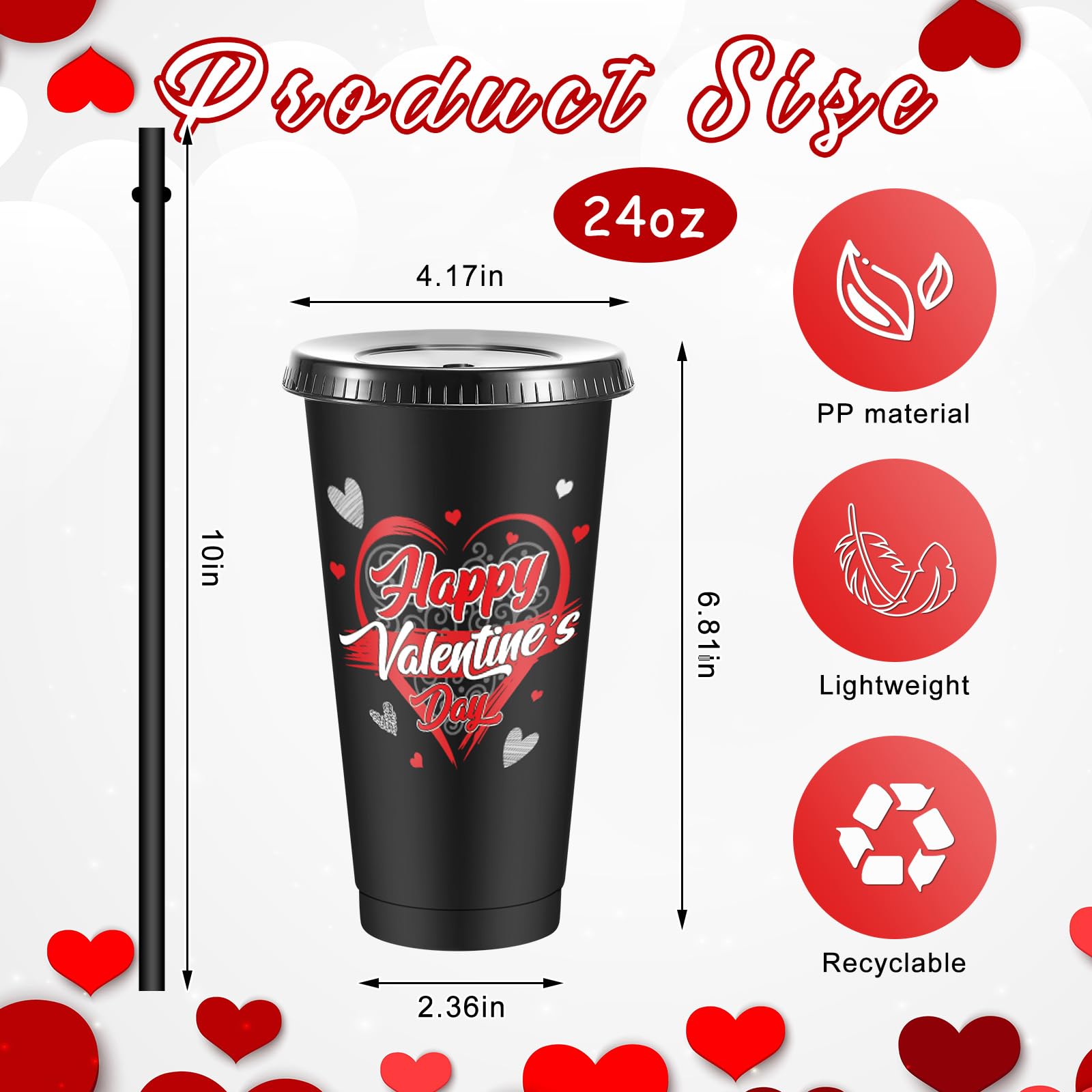 Uiifan Lot de 24 gobelets en plastique réutilisables avec couvercle et paille pour la Saint-Valentin avec couvercle et paille - 710 ml (tendance)