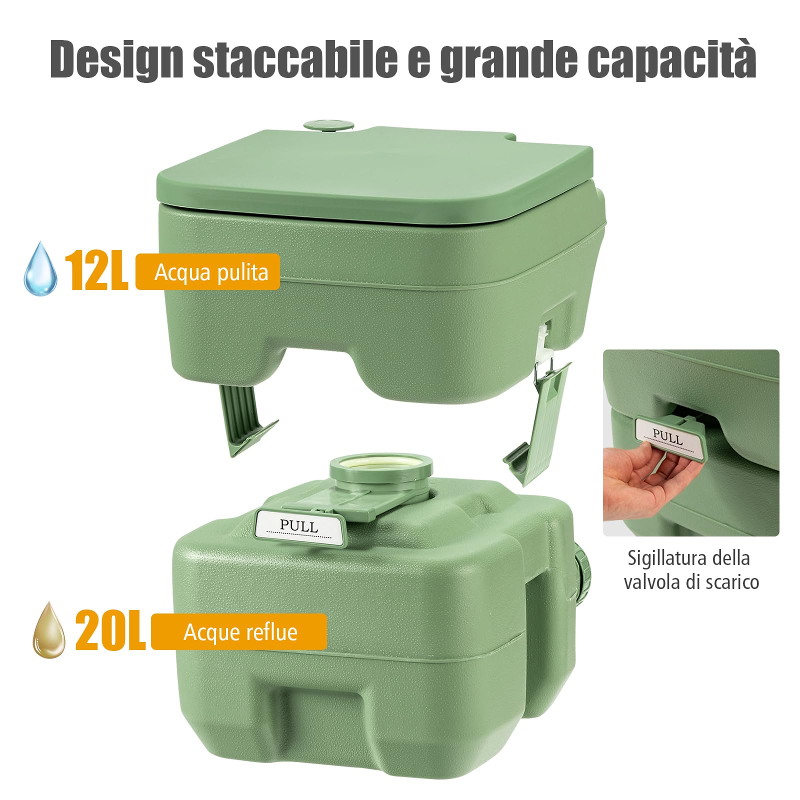 COSTWAY 20L Toilette Portatile con Serbatoio d'Acqua Rimovibile a Maniglia,WC Chimico da Esterno per Campeggio, Water Portatile per Adulti e Anziani, Supporto Carico 150kg, 36 x 42 x 43 cm (Verde)
