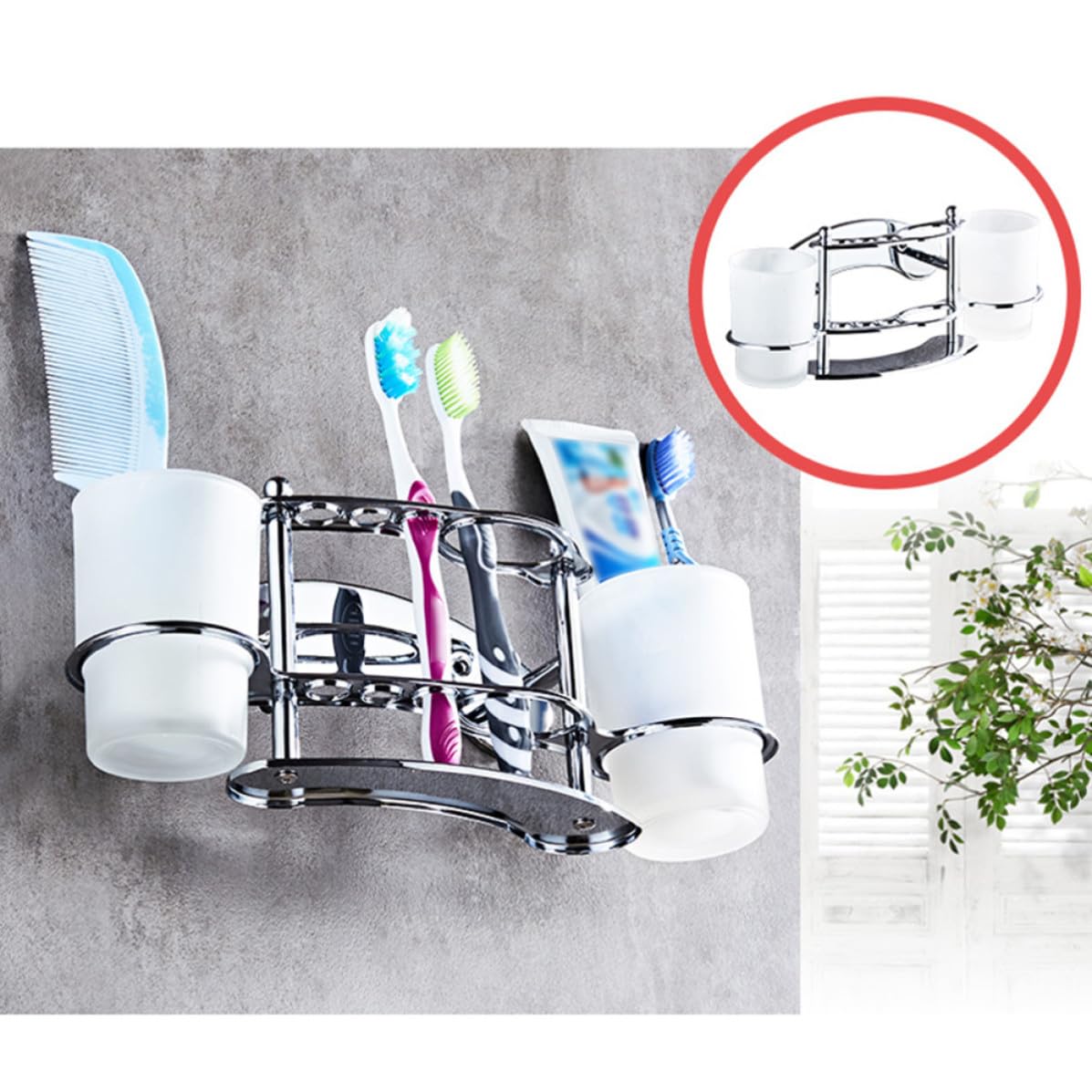 Soporte Portavasos de Acero en Dientes de Cepillos Inoxidable para Vaso de Vidrio Doble, Montado Pared Funcional y Resistente para Baño