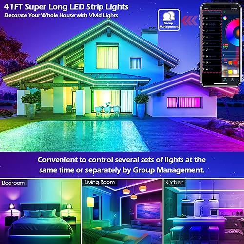 Miniatura 7 de Tira de luces LED de 41 pies, inteligentes, con sincronización de música, 5050 RGB, luces que cambian de color, aplicación Bluetooth, control remoto