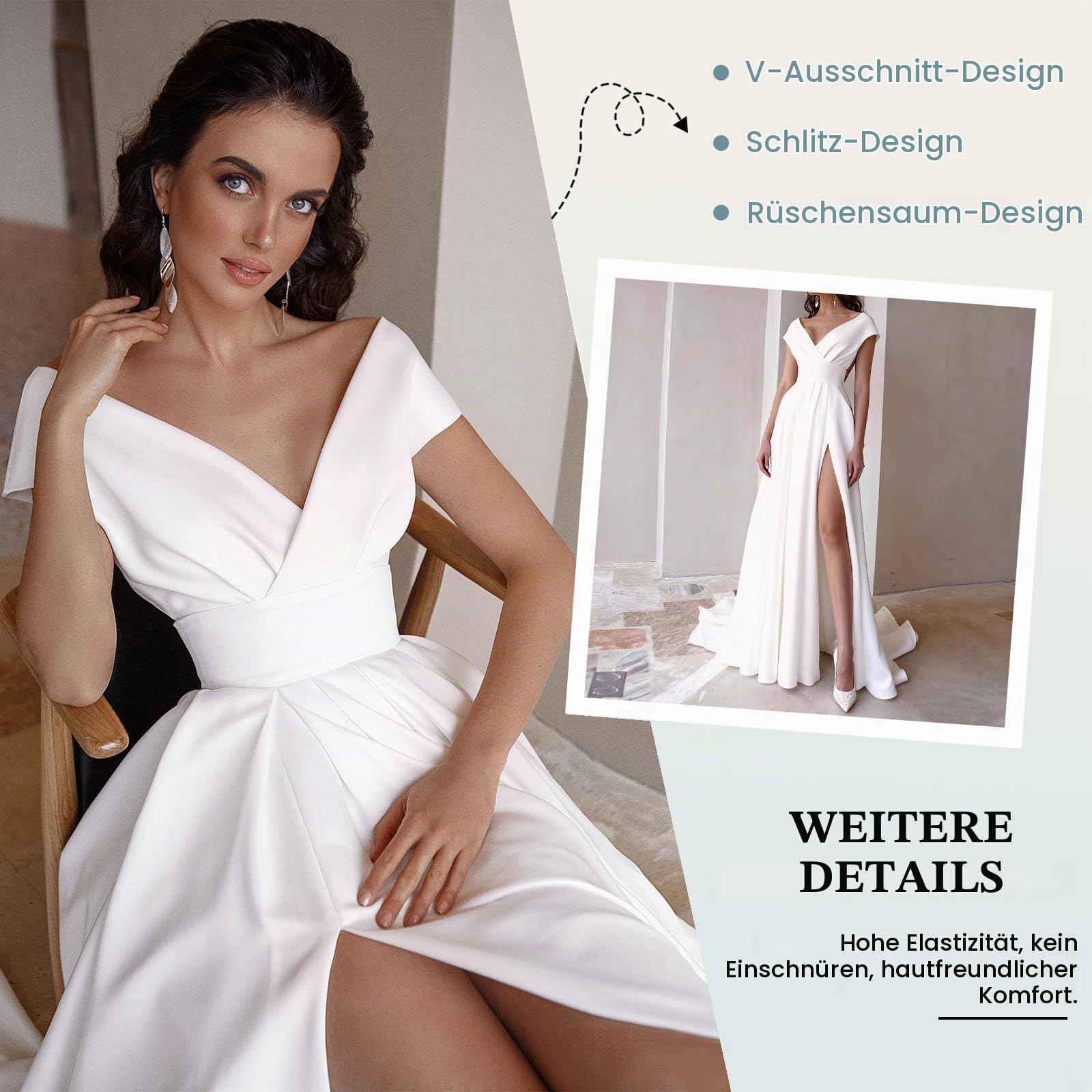 Damen Elegant Lange Abendkleider Sexy V-Ausschnitt Ballkleider mit Schlitz Rückenfreies Maxikleid Formeller A-Linie Brautkleid Festliche Hochzeit Partykleid Cocktailkleid Brautjunferkleid