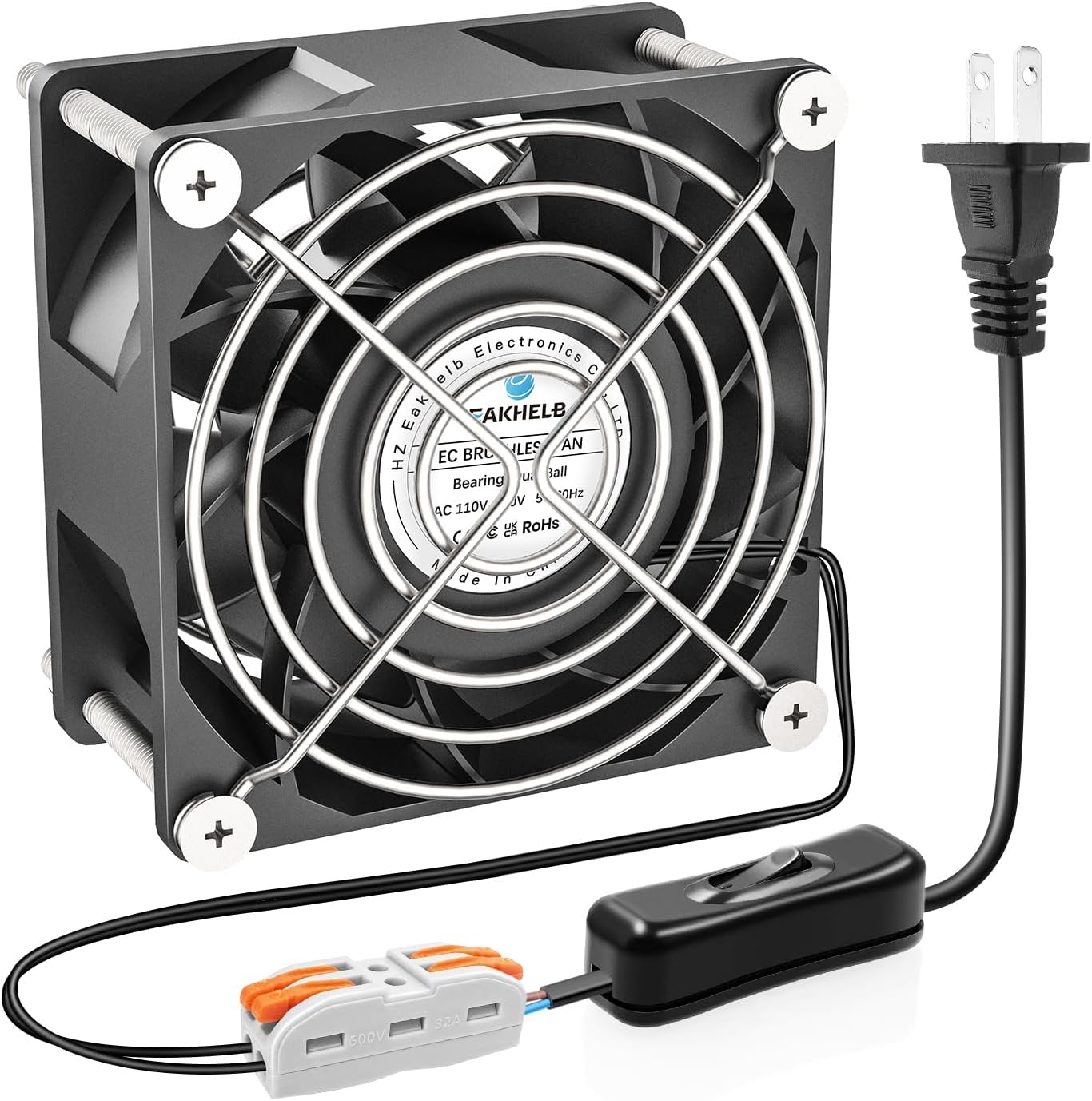 80mm EC Brushless Fan, 80x80x38mm Dual Ball Bearing, AC 110V 120V 220V 240V Cooling Fan with AC Plug Switch Cable, for DIY Cooling, Electronics Equipment, PC CASE Cooling, Server Cooling